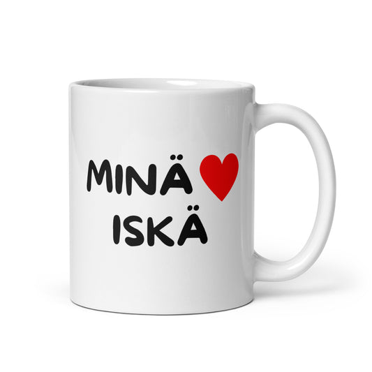 Meemirotta kahvikuppi lahjaksi, jossa teksti Minä ♥ Iskä valkoisella taustalla