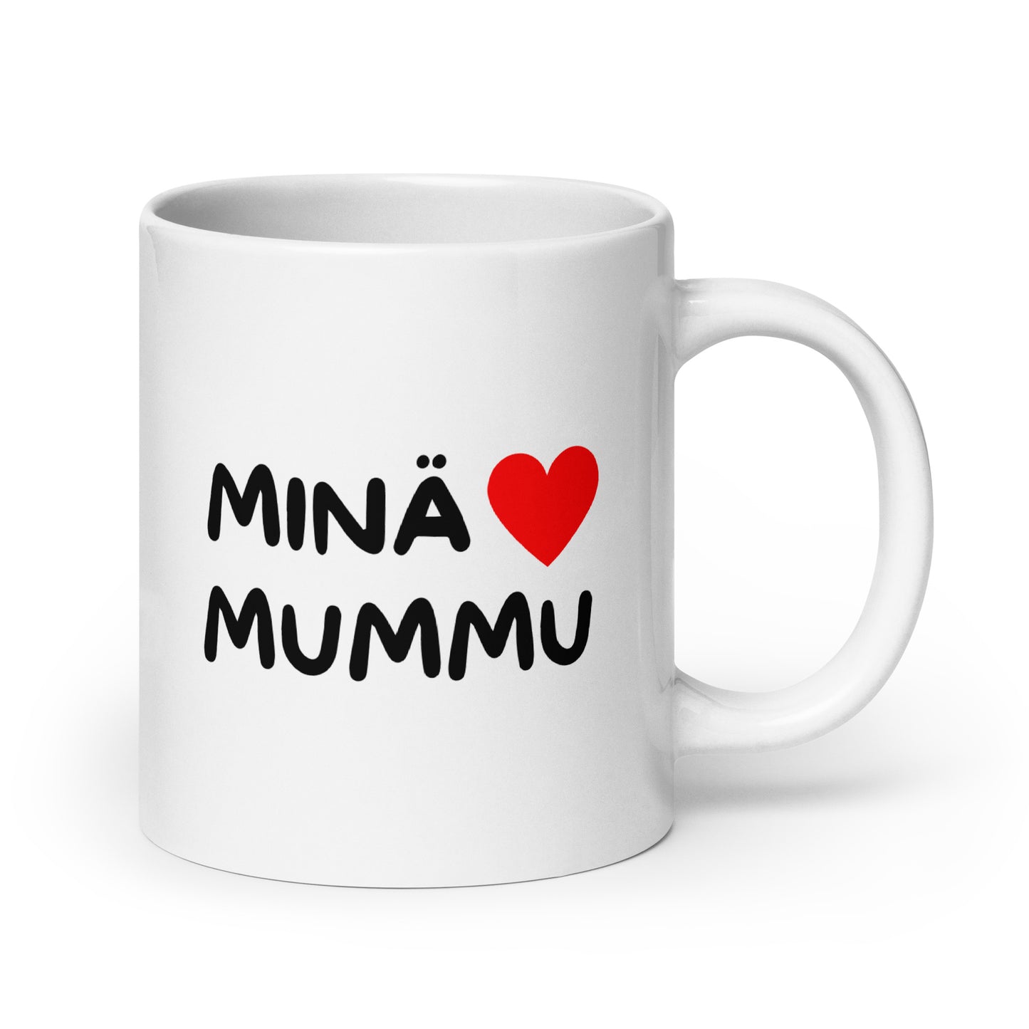 Meemirotta kahvikuppi lahjaksi, valkoinen muki tekstillä 'MINÄ ♥ MUMMU'