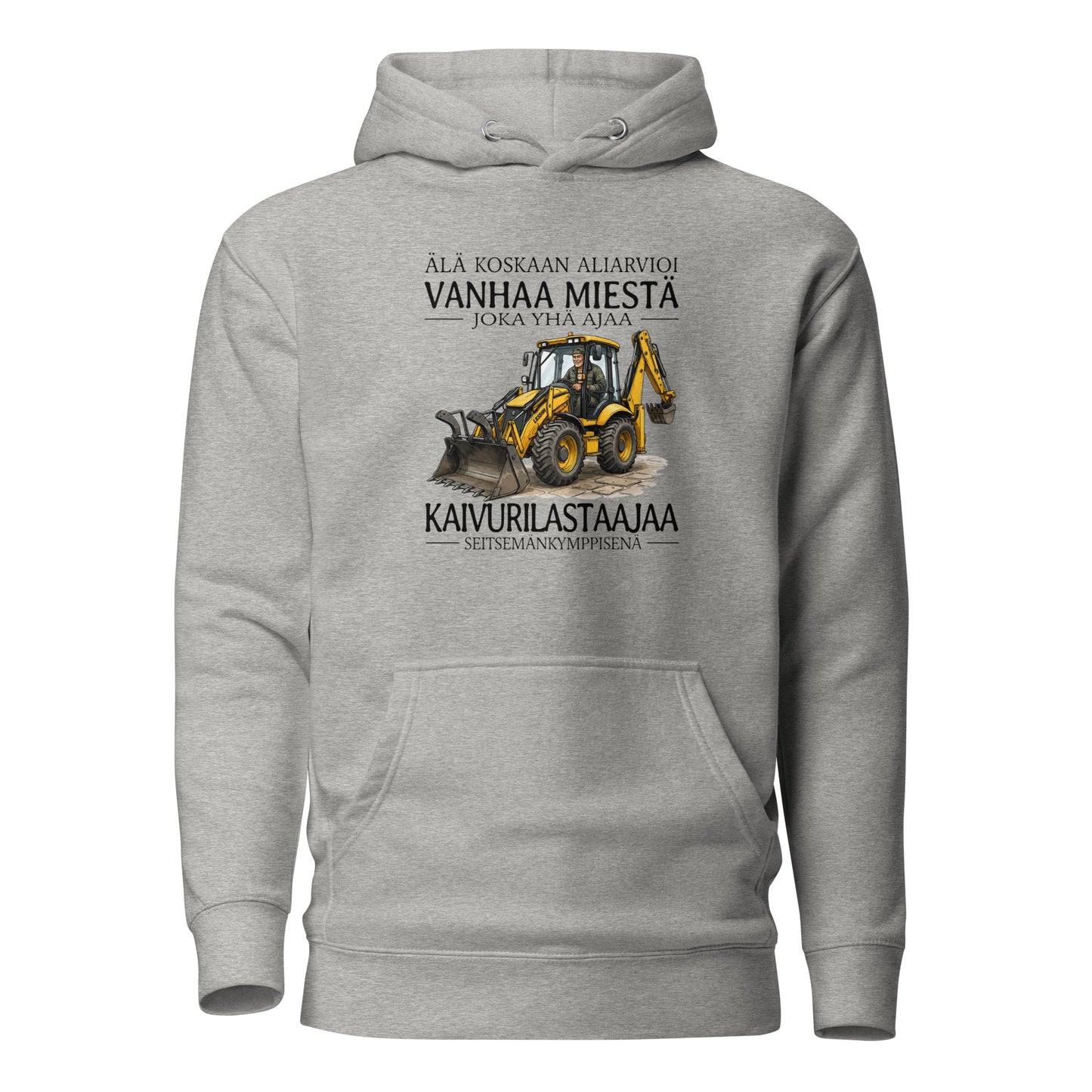 Harmaa printtipaita, jossa on kuva kaivurista ja teksti vanhasta miehestä