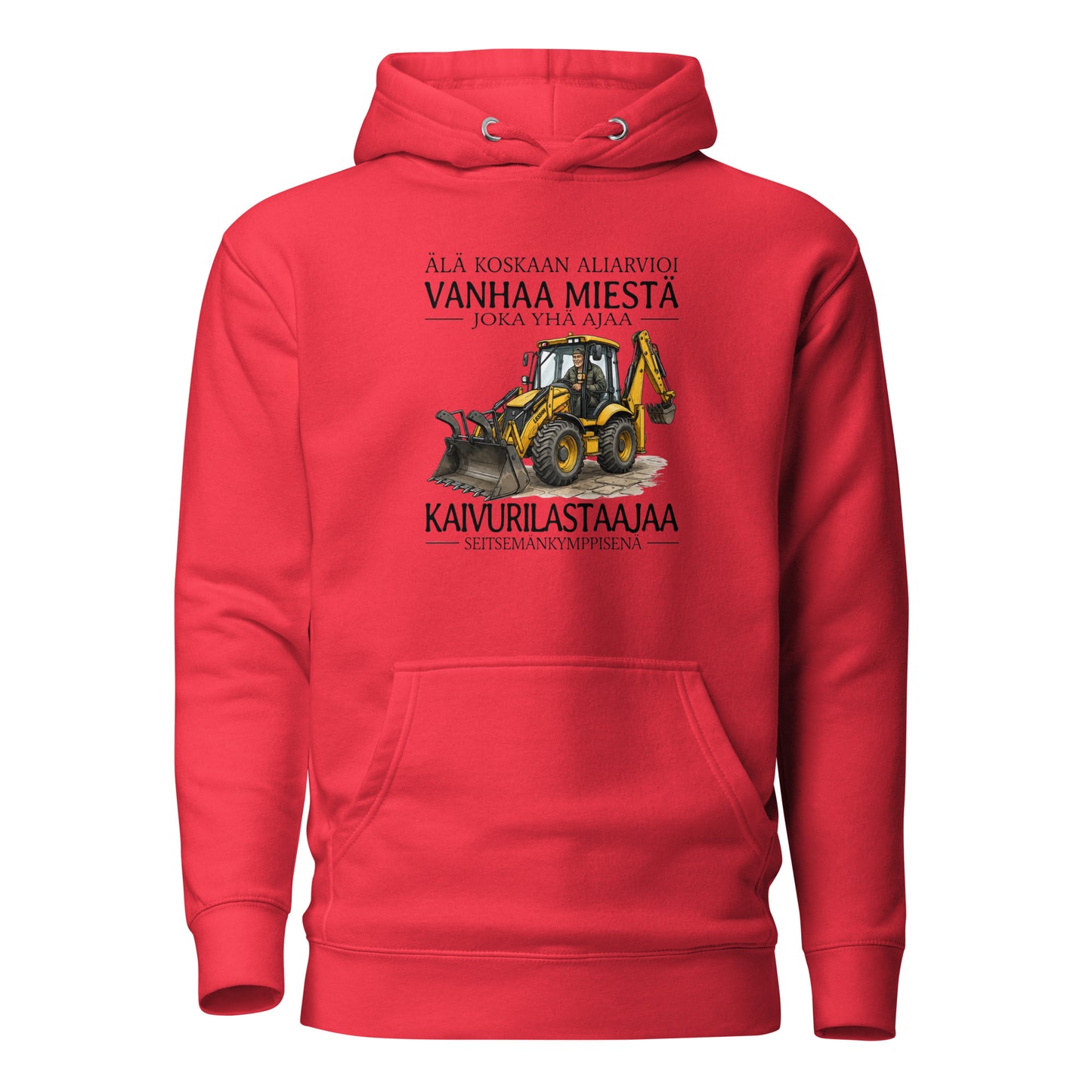 Punainen printtipaita, jossa on kaivurilastaimen kuva ja hauska teksti vanhasta miehestä