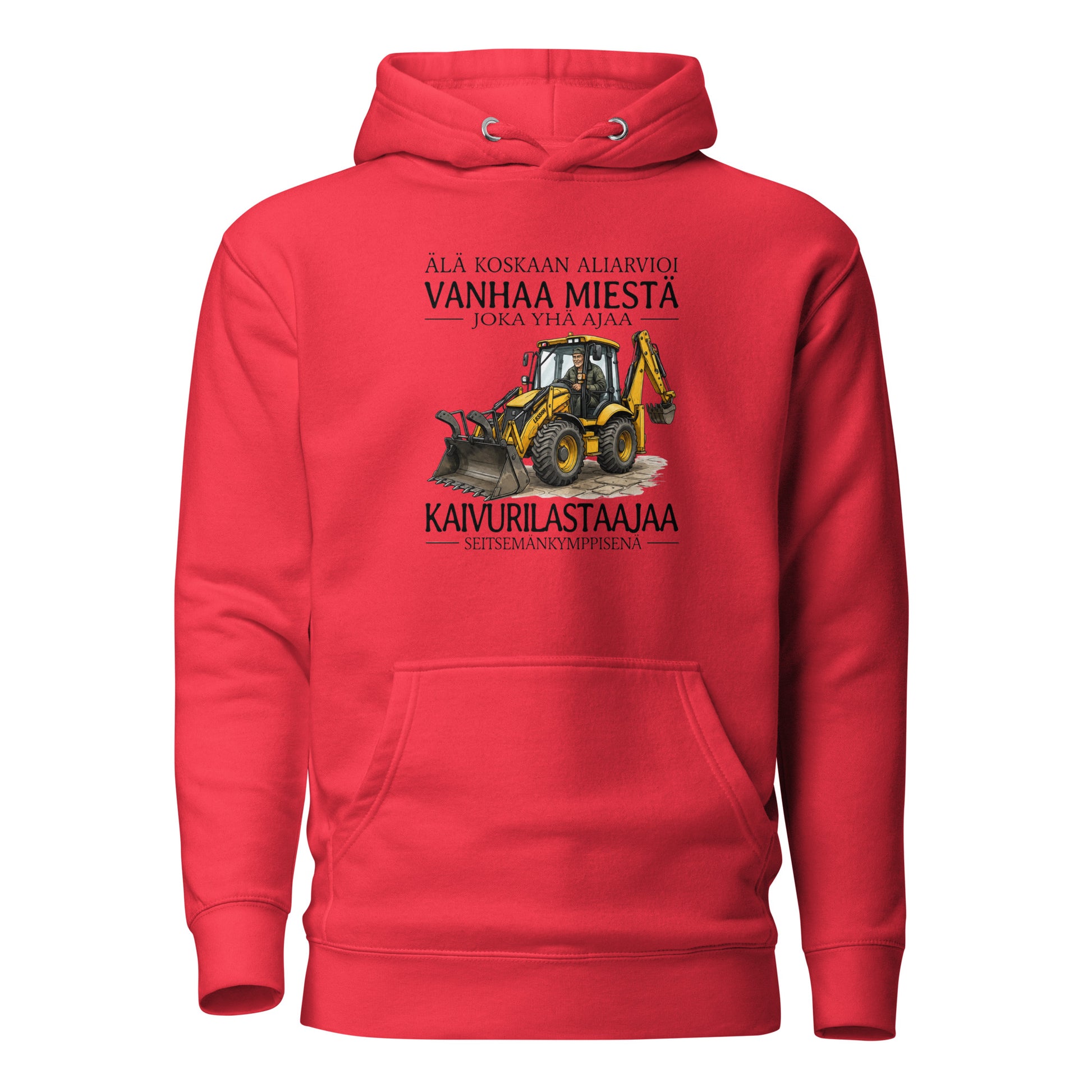 Punainen printtipaita, jossa on kaivurilastaimen kuva ja hauska teksti vanhasta miehestä