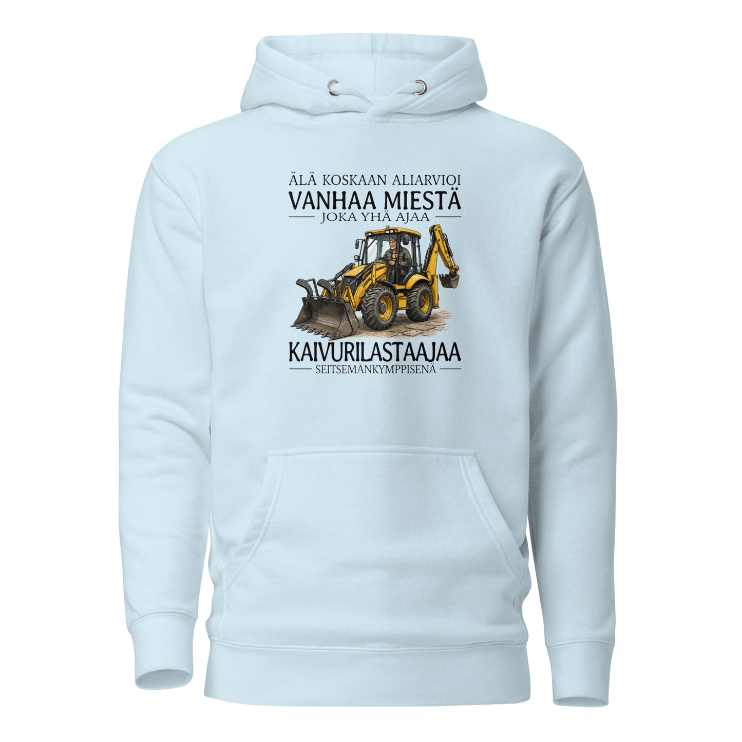Vaalean sininen printtipaita, jossa on hauska teksti kaivurista ja vanhasta miehestä