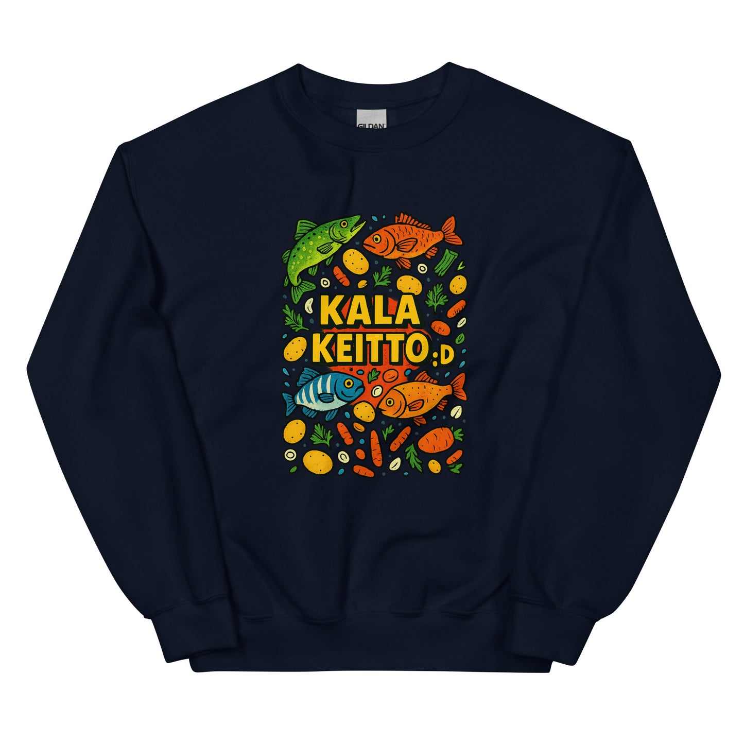Meemirotta kalakeitto collegepaita tummansinisellä pohjalla, värikkäillä kalakuviolla