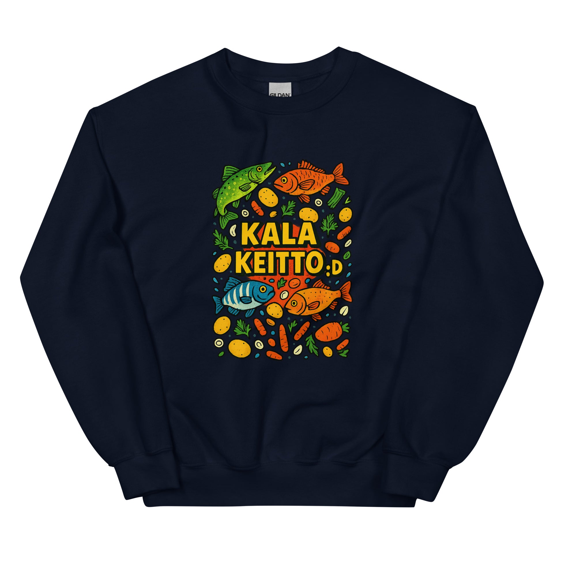 Meemirotta kalakeitto collegepaita tummansinisellä pohjalla, värikkäillä kalakuviolla