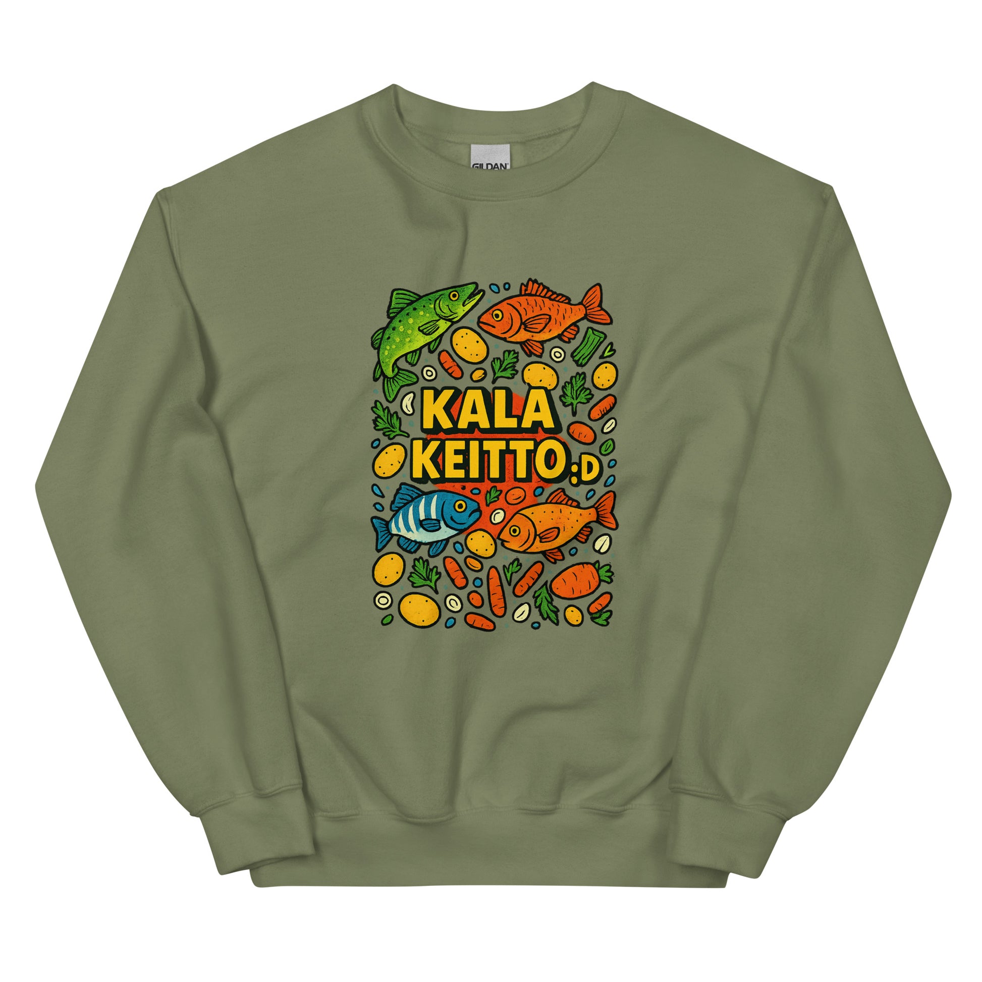 Meemirotta kalakeitto collegepaita vihreällä pohjalla värikkäällä kalakuviolla