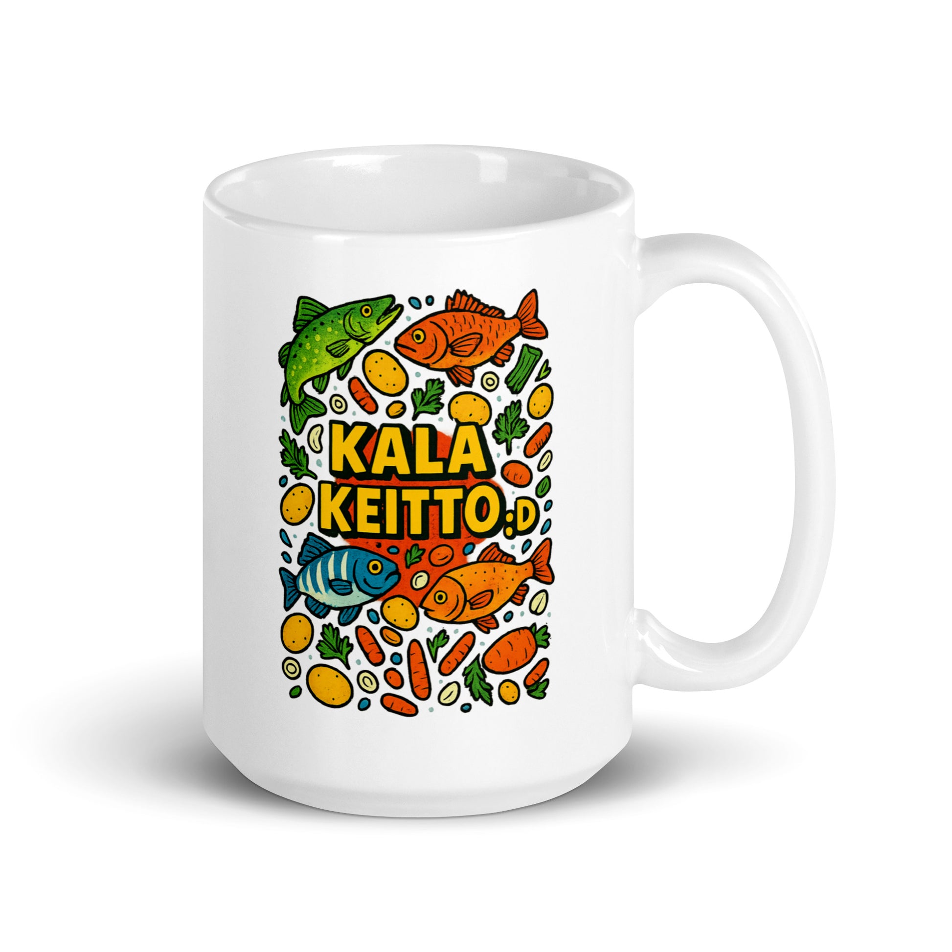 Meemirotta kalakeitto muki värikkäällä kalateemalla ja vihanneksilla koristeltuna