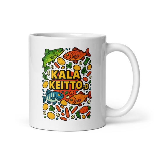 Meemirotta kalakeitto muki värikkäällä kalateemalla ja kasviksilla koristeltu