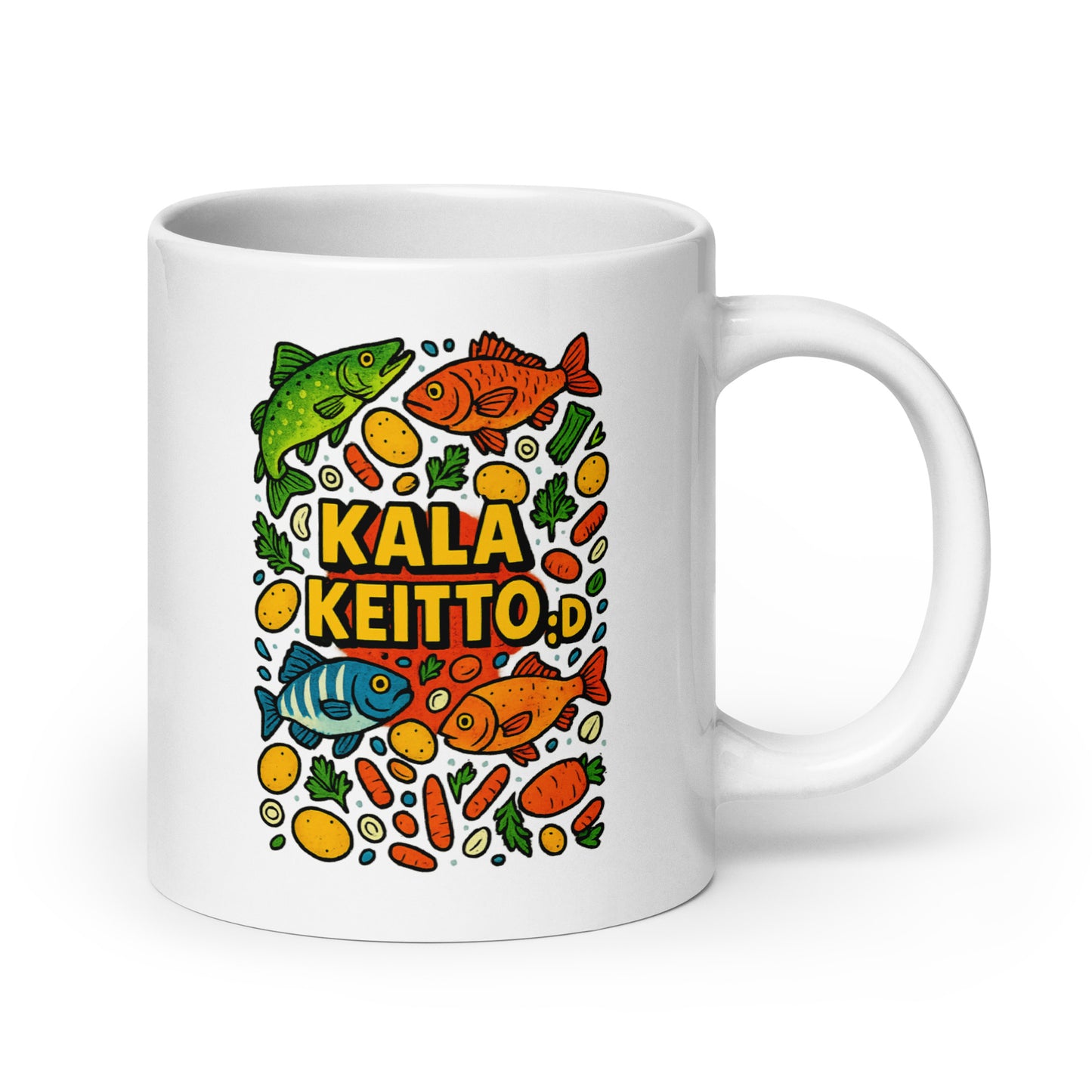 Valkoinen kalakeitto muki värikkäällä kala- ja vihanneskuviolla