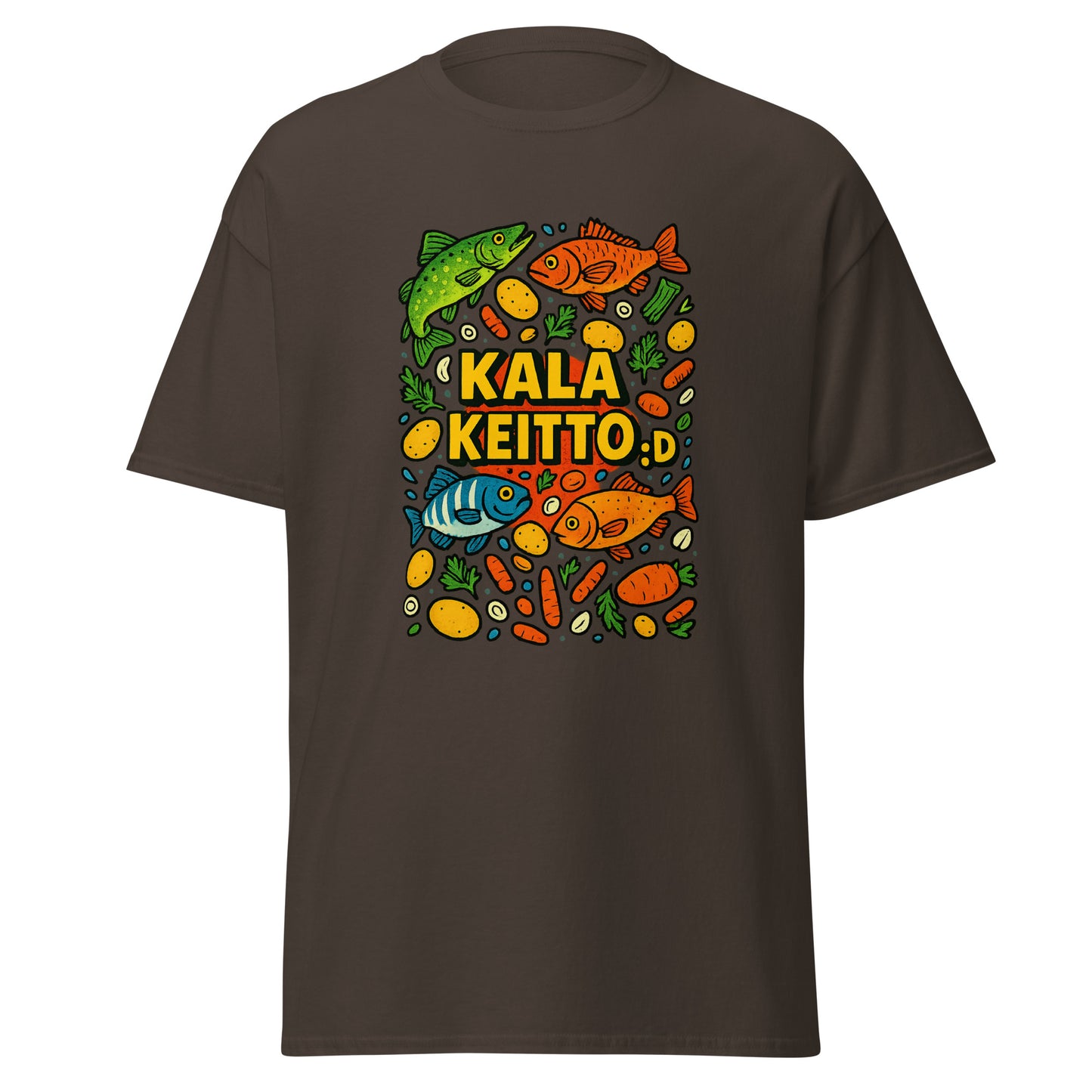 Tumma kalakeitto t-paita värikkäällä kalateemalla ja hauskoilla kuvioilla