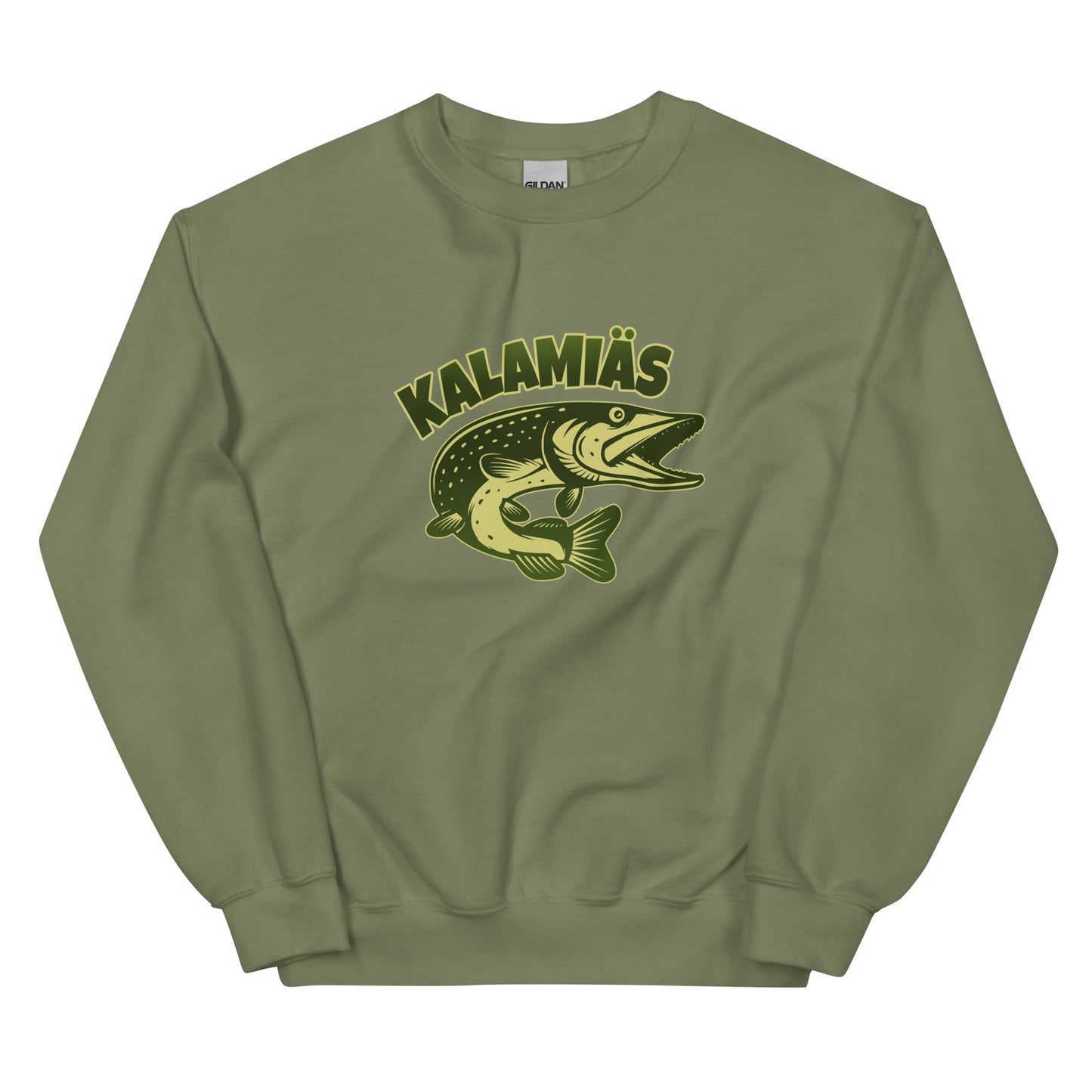Kalamies collegepaita oliivinvihreällä värillä ja kalan teemalla kalanystävien iloksi