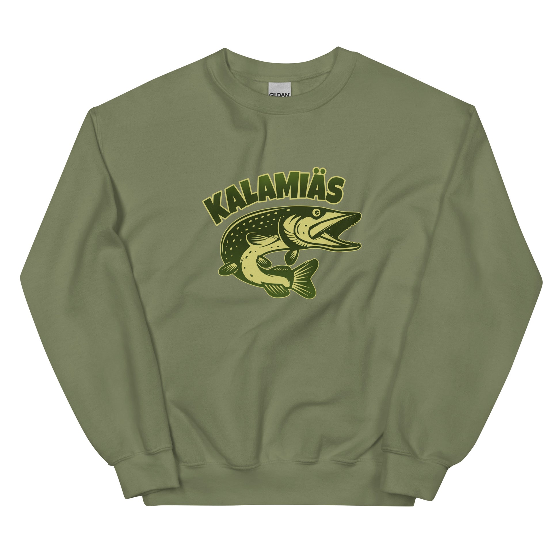 Kalamies collegepaita oliivinvihreällä värillä ja kalan teemalla kalanystävien iloksi