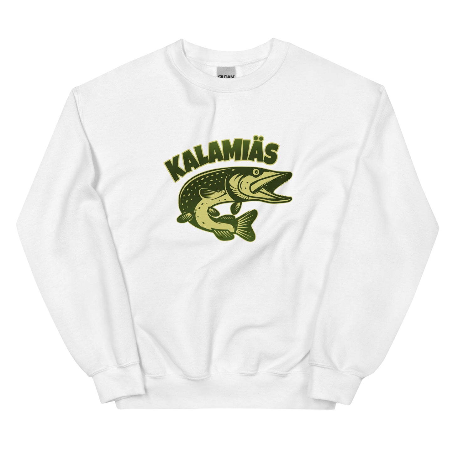 Valkoinen collegepaita kalamiäs-printillä kalastusfaneille ja rentoon tyyliin