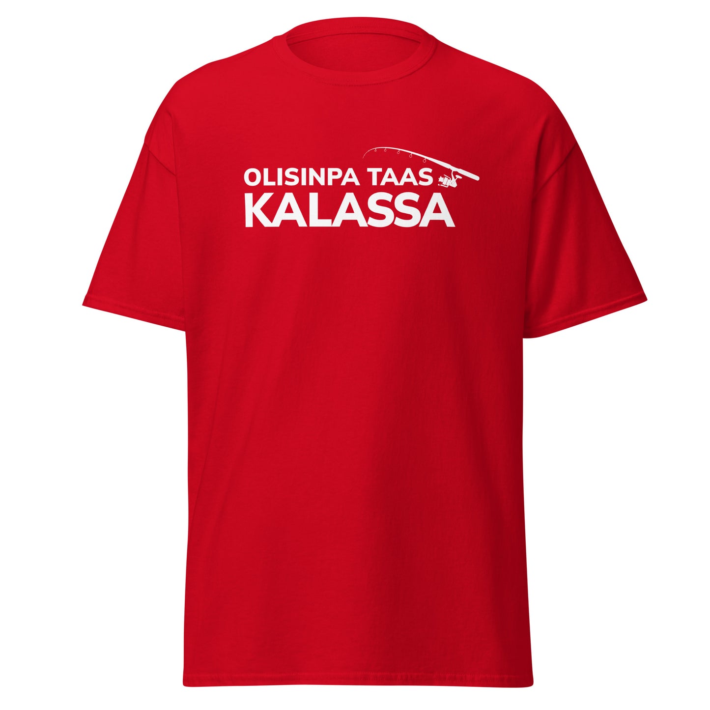 Punainen kalastusaiheinen t-paita, jossa teksti Olishinpa taas kalassa, Meemirotta merkki