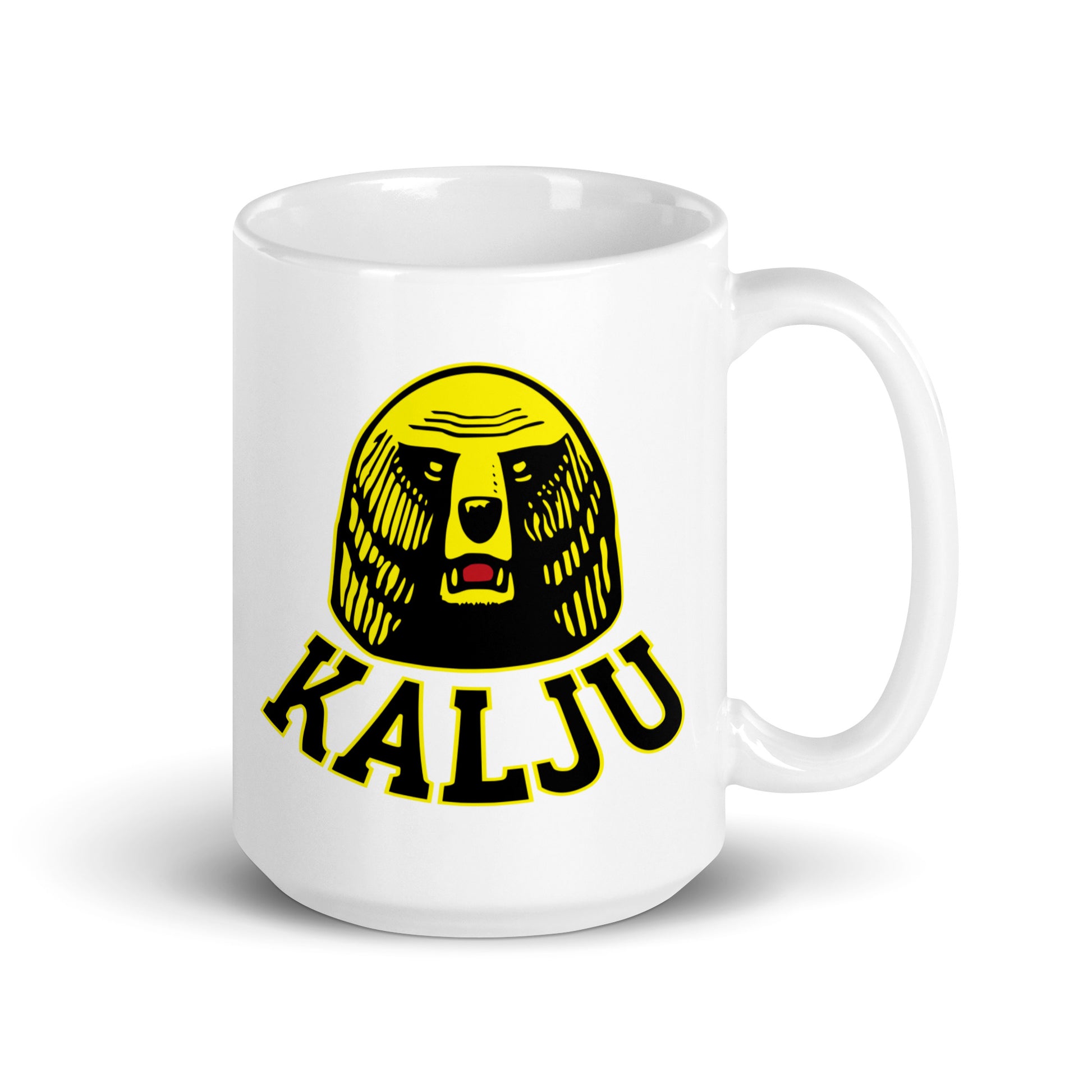 Meemirotta kalju muki, valkoinen kahvimuki hauska karhun kuvalla ja KALJU tekstillä