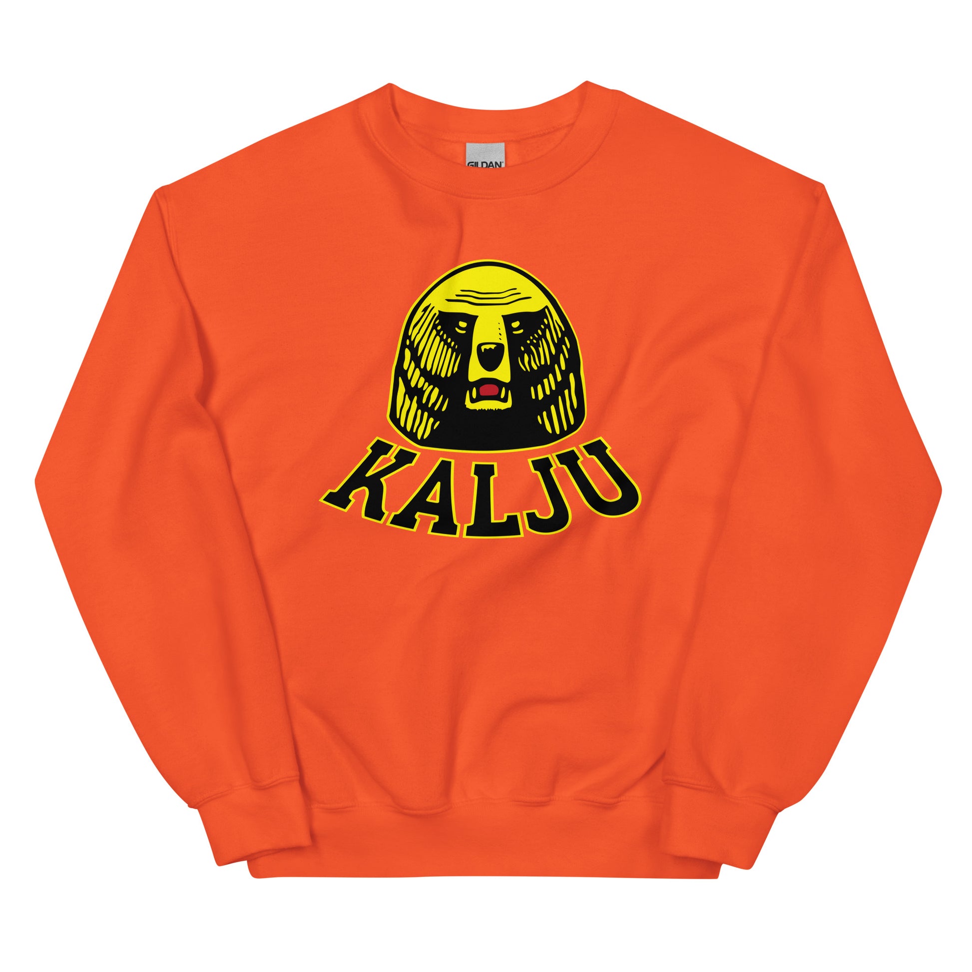 Meemirotta oranssi pitkähihaisen collegepaidan etuosa, jossa KALJU-logo