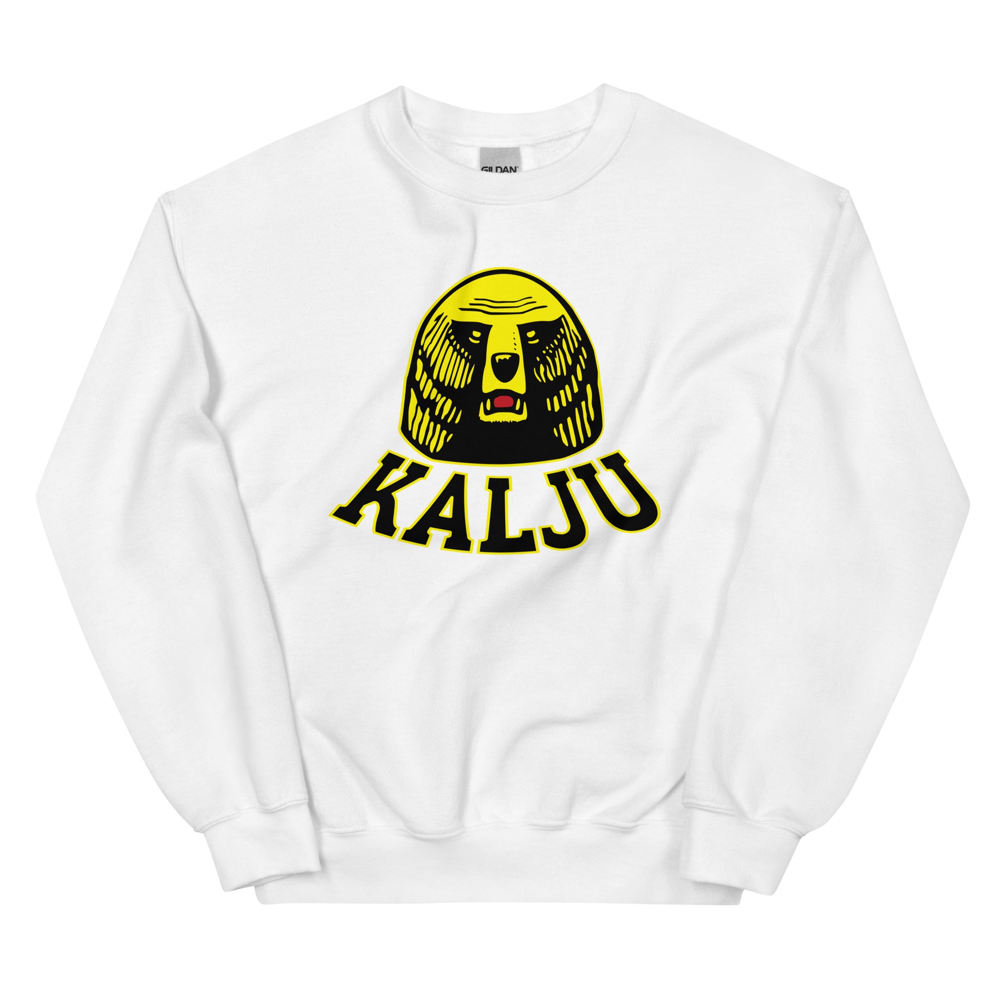 Valkoinen pitkähihainen collegepaita, jossa on keltainen Kalju-logotulostus edessä