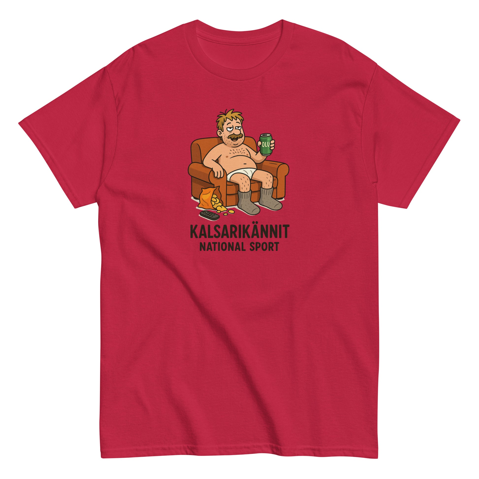 Punainen miesten paita Kalsarikännityksistä humoristisella printillä ja mukavalla istuvuudella