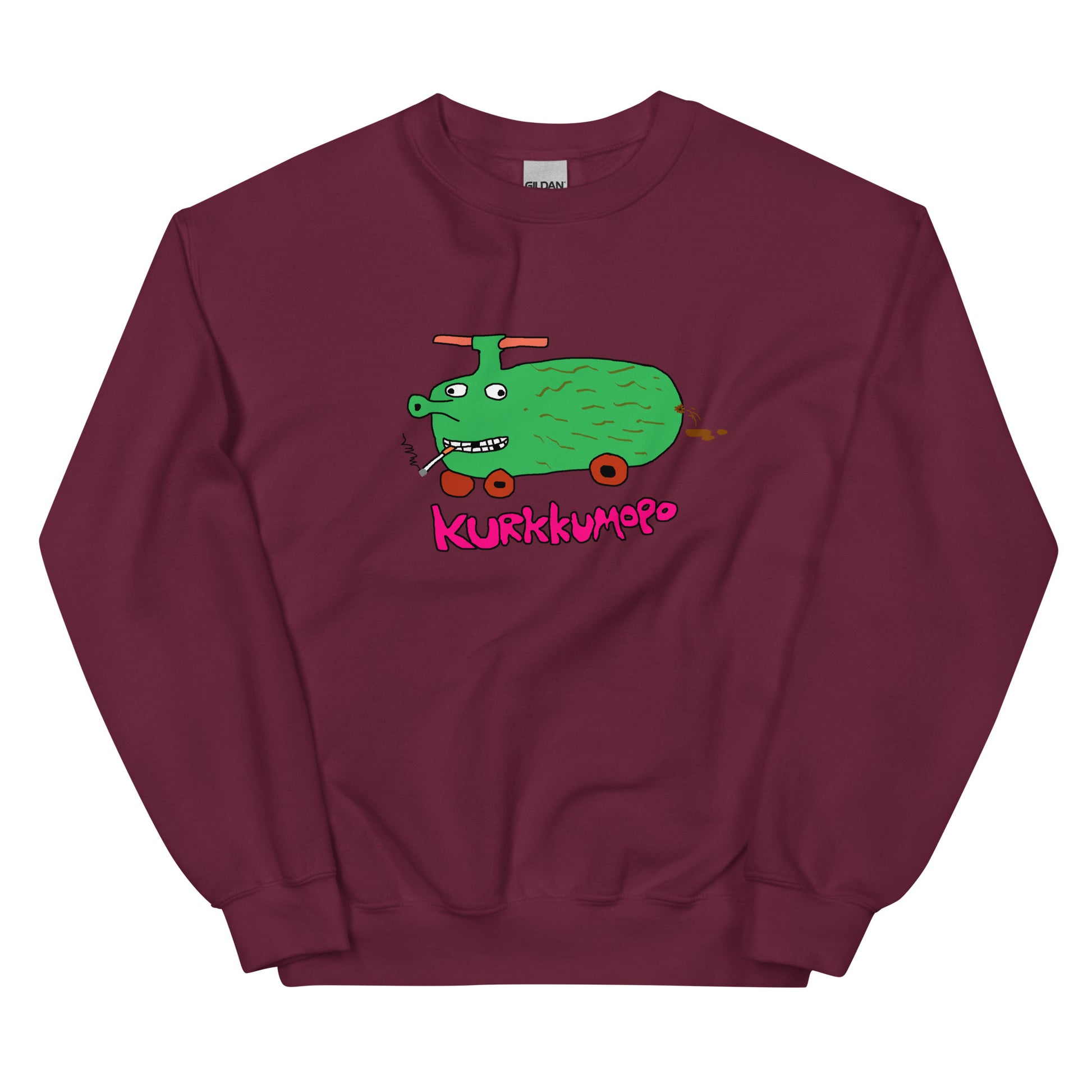 Meemirotta kurkkumopo collegepaita, jossa hauska kurkkumopo-kuvio ja värikäs design