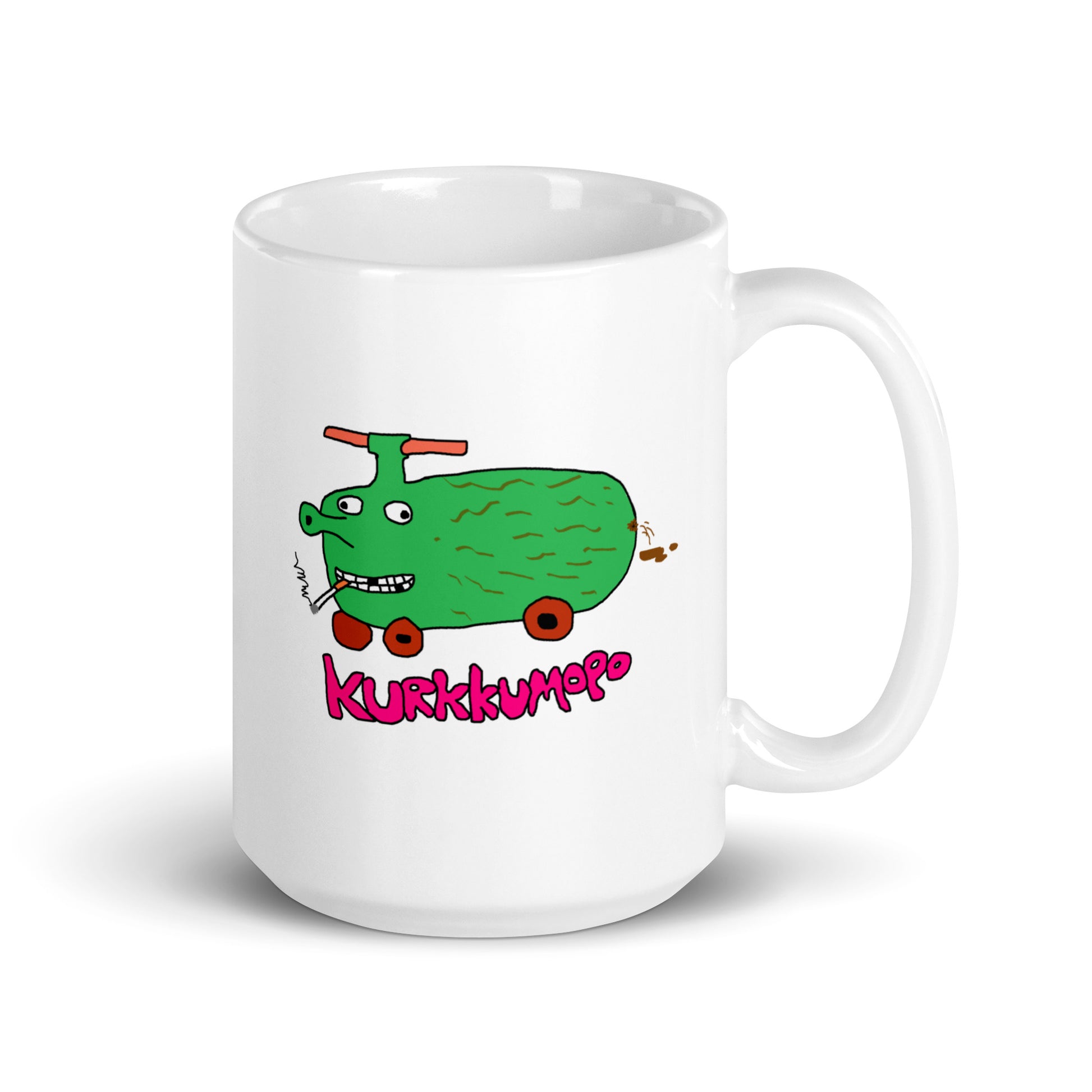 Kurkkumopo kahvikuppi Meemirotta designilla, vihreä käärme ja hauska kuvasto.