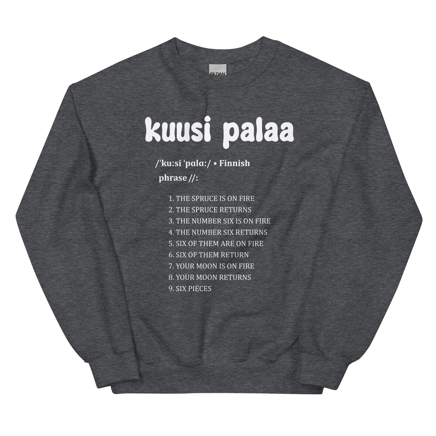 Meemirotta harmaa collegepaita, jossa lukee kuusi palaa ja hauskoja merkityksiä.