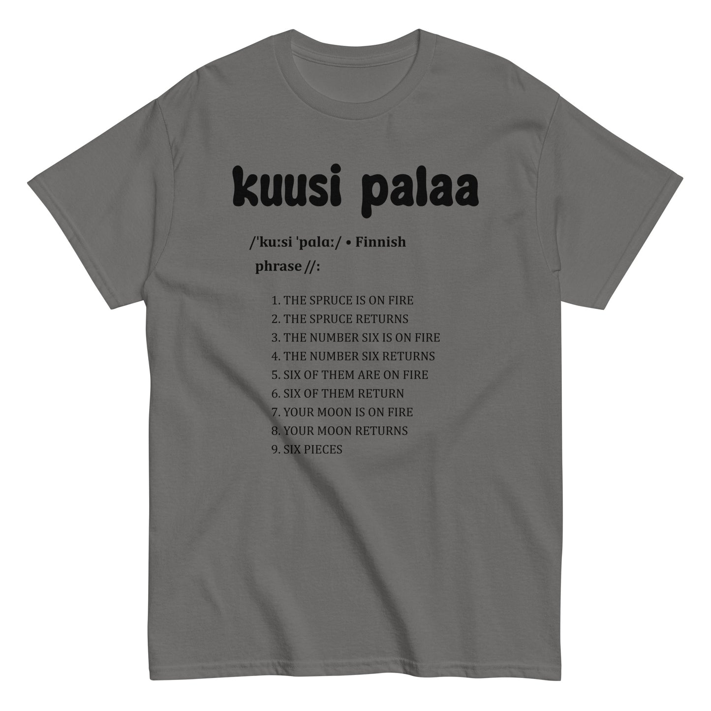 Harmaan tee-paita, jossa on teksti 'kuusi palaa' ja luettelo suomenkielisistä lauseista