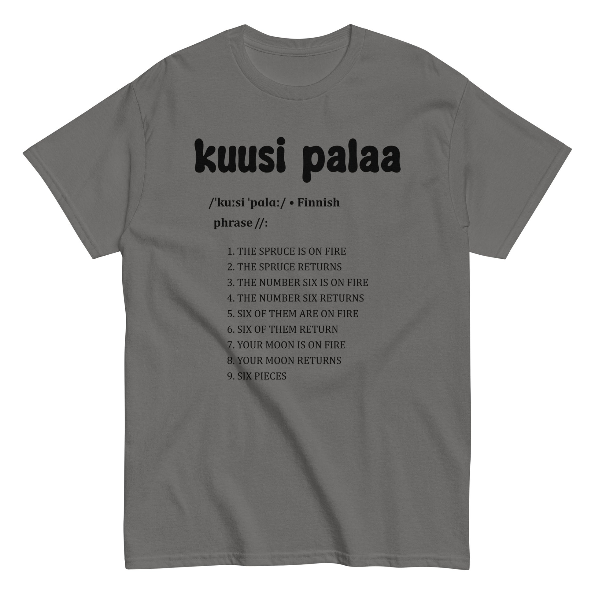 Harmaan tee-paita, jossa on teksti 'kuusi palaa' ja luettelo suomenkielisistä lauseista