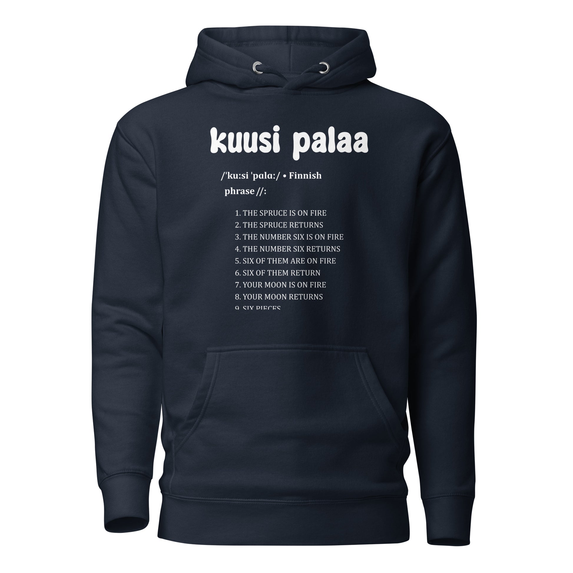 Tummansininen huppari, jossa teksti 'kuusi palaa' ja siihen liittyviä fraaseja