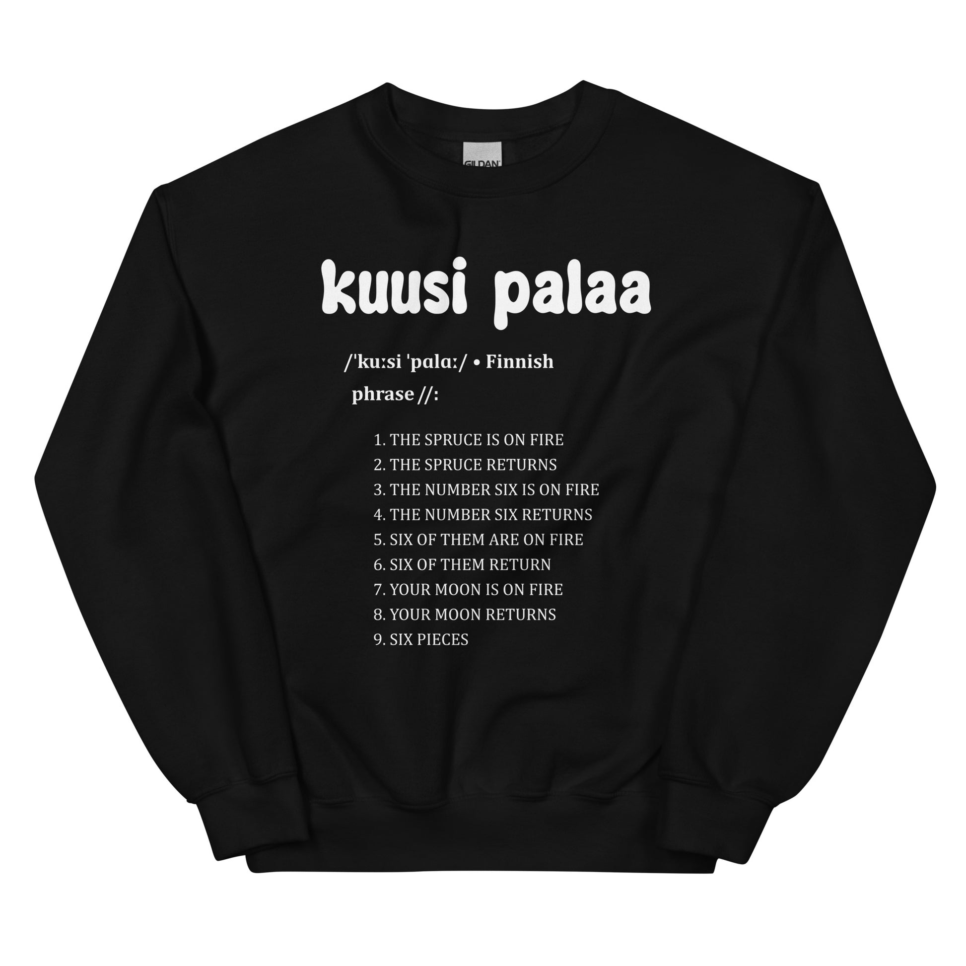 Meemirotta musta collegepaita, jossa teksti 'kuusi palaa' ja hauska sanaleikki