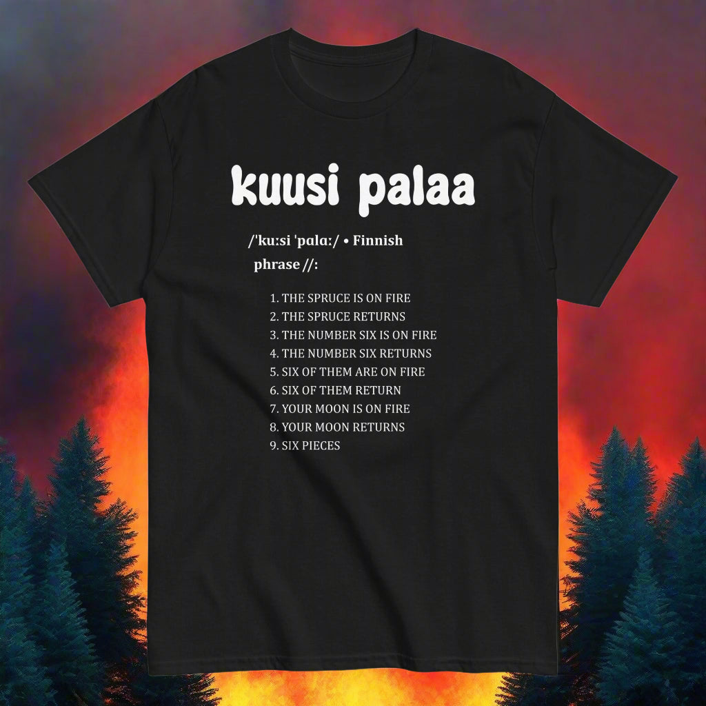 Mustan T-paidan etupuolella teksti 'kuusi palaa' ja luettelo kielentunneista