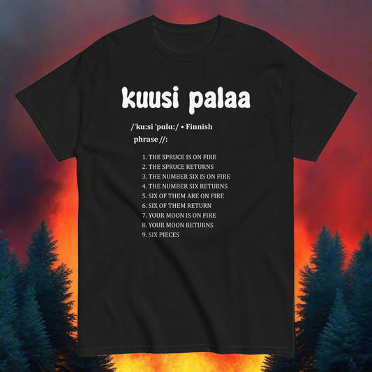 Mustan T-paidan etupuolella teksti 'kuusi palaa' ja luettelo kielentunneista