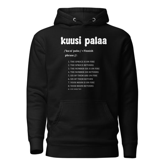 Mustat hupparit, joissa on teksti 'kuusi palaa' sekä luettelo lauseista
