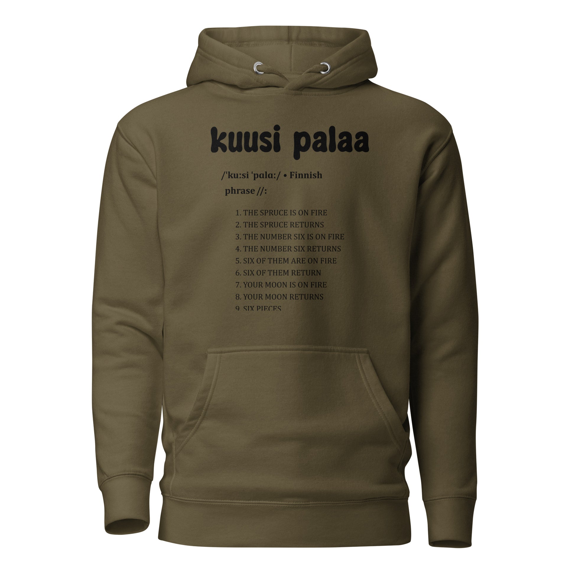 Vihreä huppari kuusi palaa -lauseella ja luettelolla suomeksi
