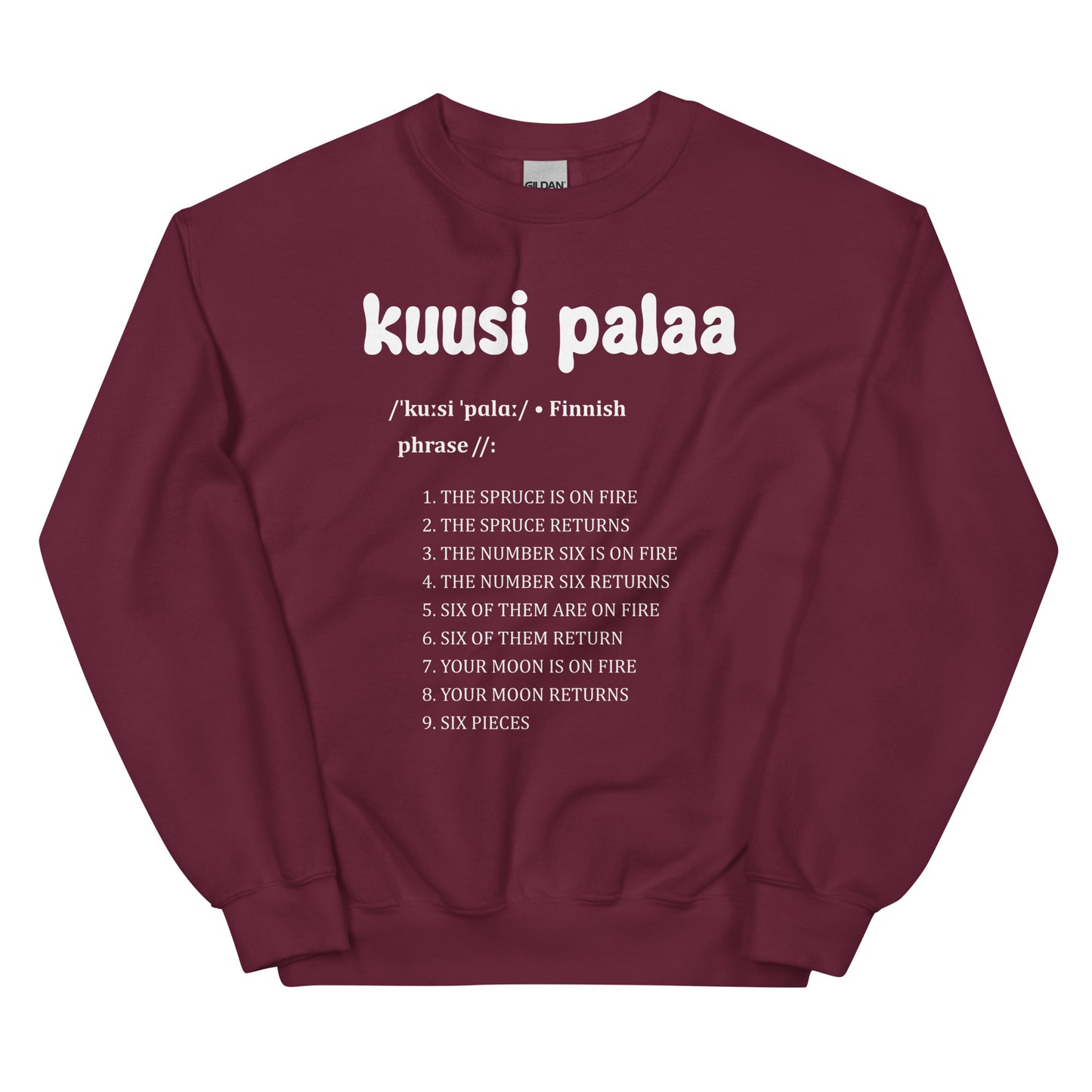 Meemirotta vaaleanpunainen collegepaita kuusi palaa -lauseen ja numeroin koristeltuna