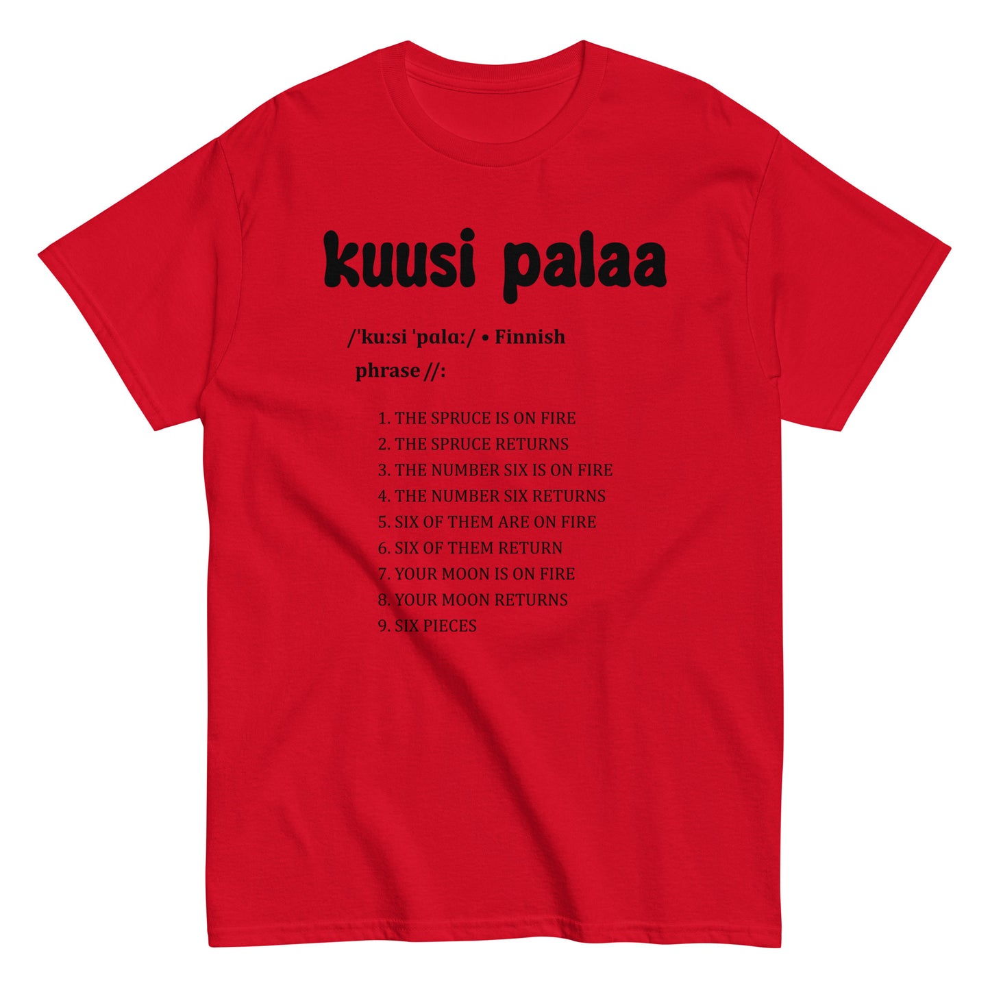 Punainen t-paita, jossa on teksti 'kuusi palaa' ja hauska selitys suomeksi
