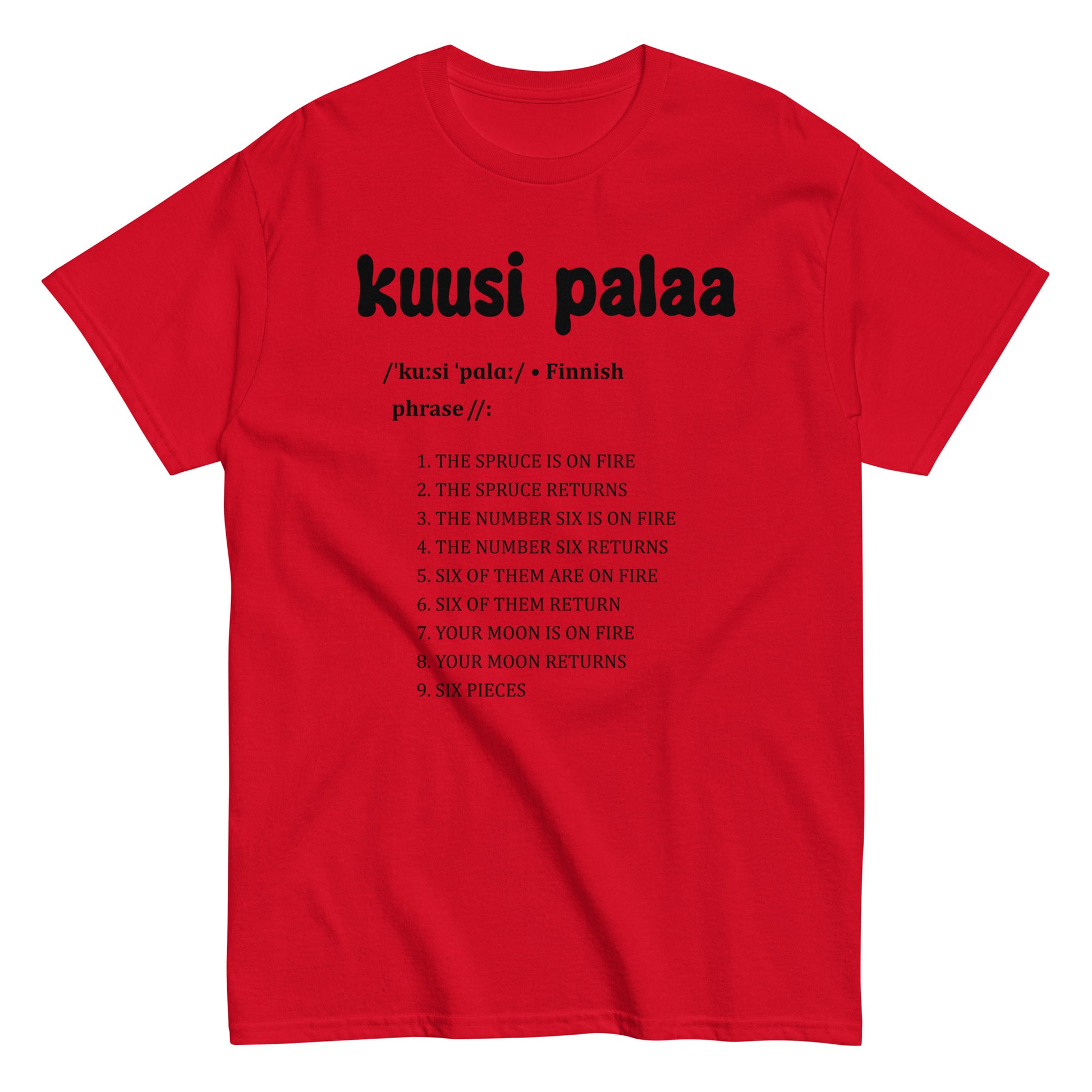 Punainen t-paita, jossa on teksti 'kuusi palaa' ja hauska selitys suomeksi