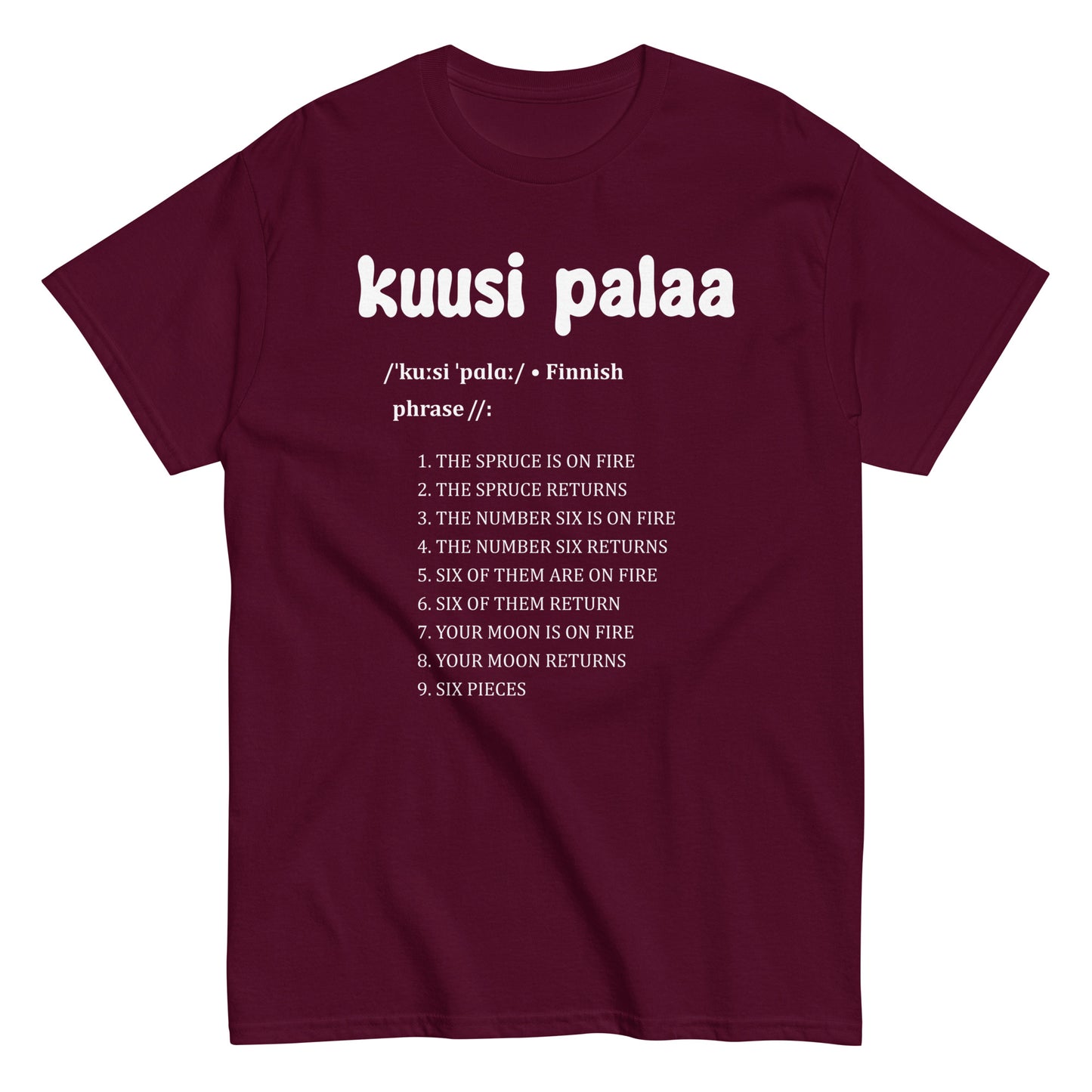 Kuusi palaa - T-paita tummanpunaisella värillä ja hauskoilla sanonnoilla suomeksi
