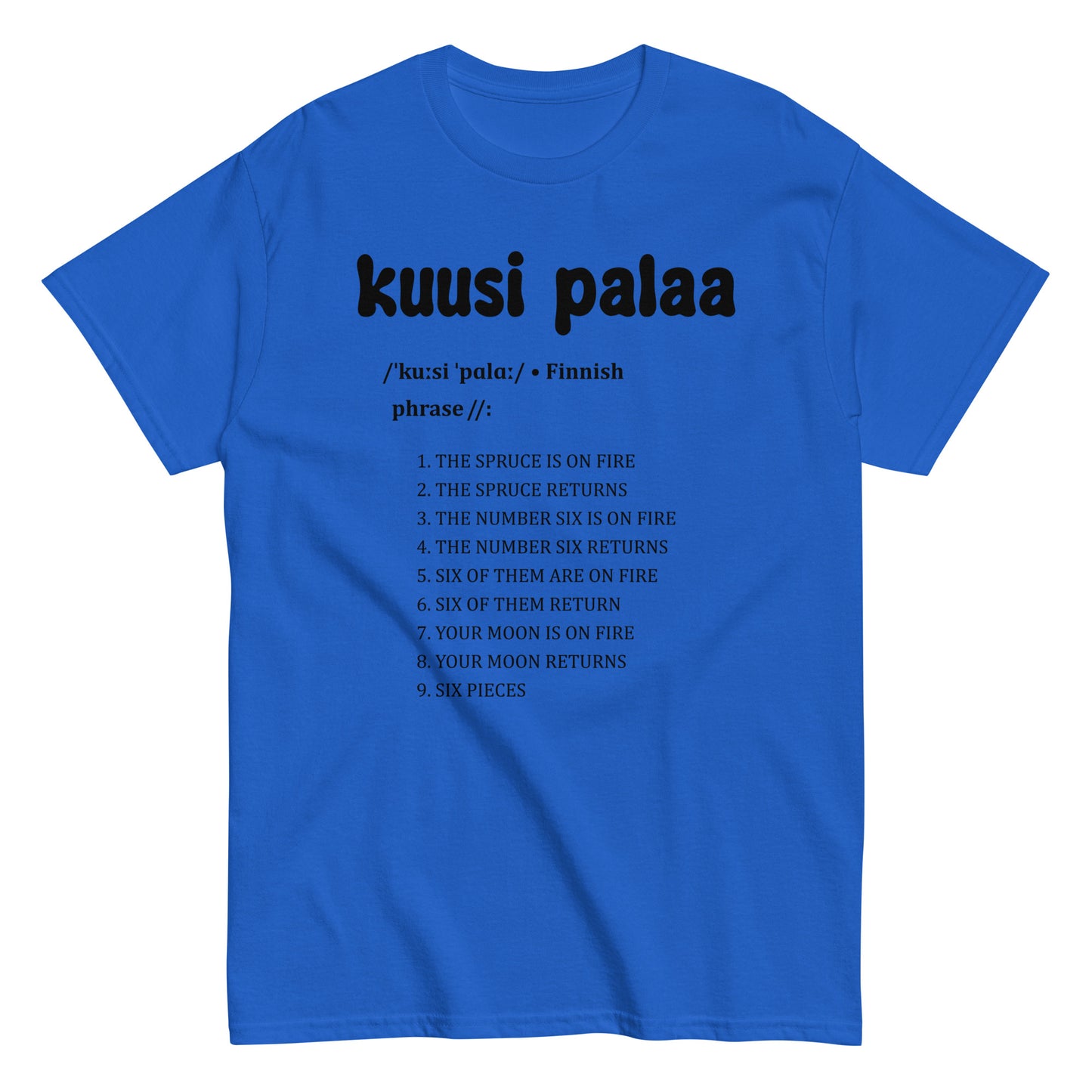 Sininen t-paita kuusi palaa -tekstillä, jossa suomalainen lause ja luettelo.