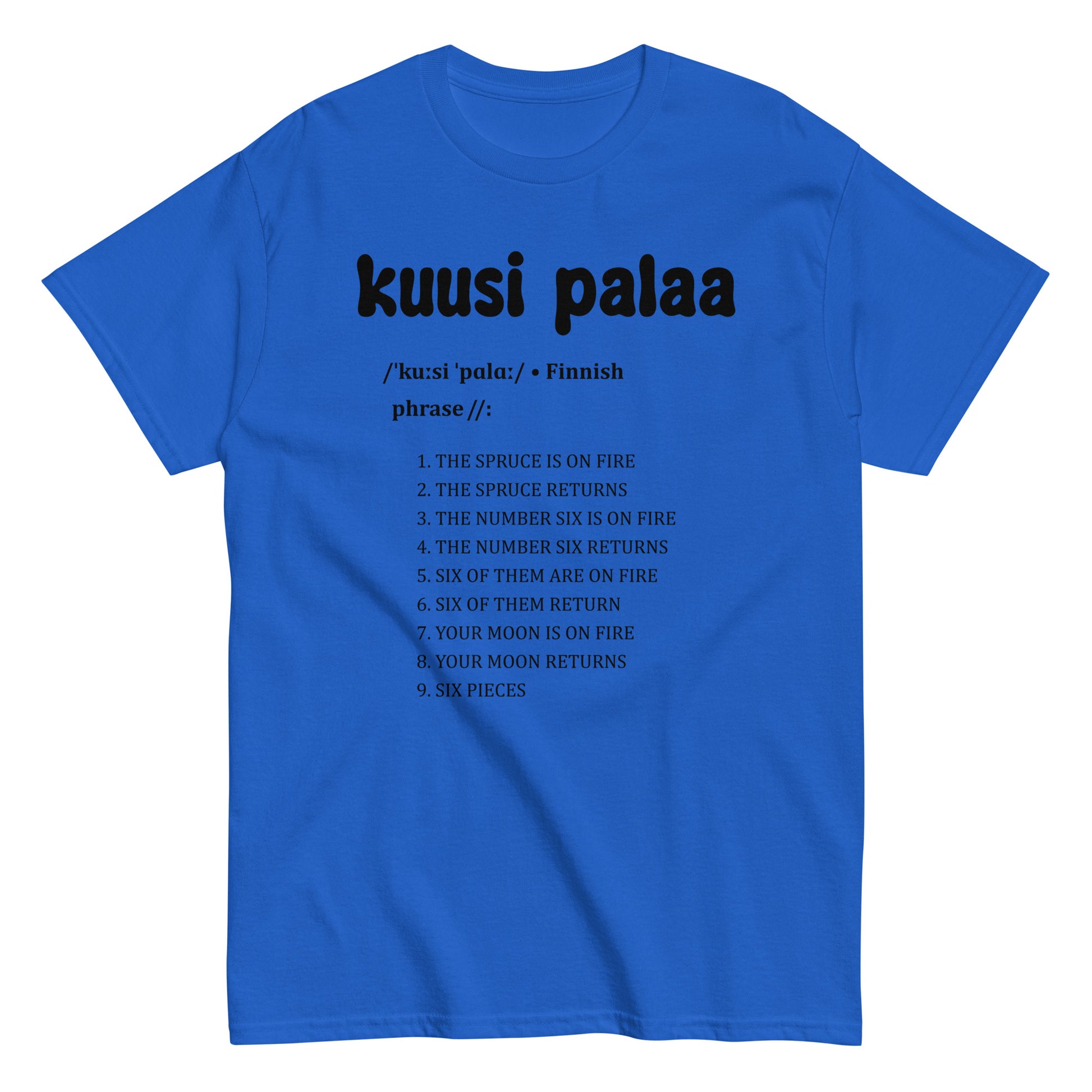 Sininen t-paita kuusi palaa -tekstillä, jossa suomalainen lause ja luettelo.