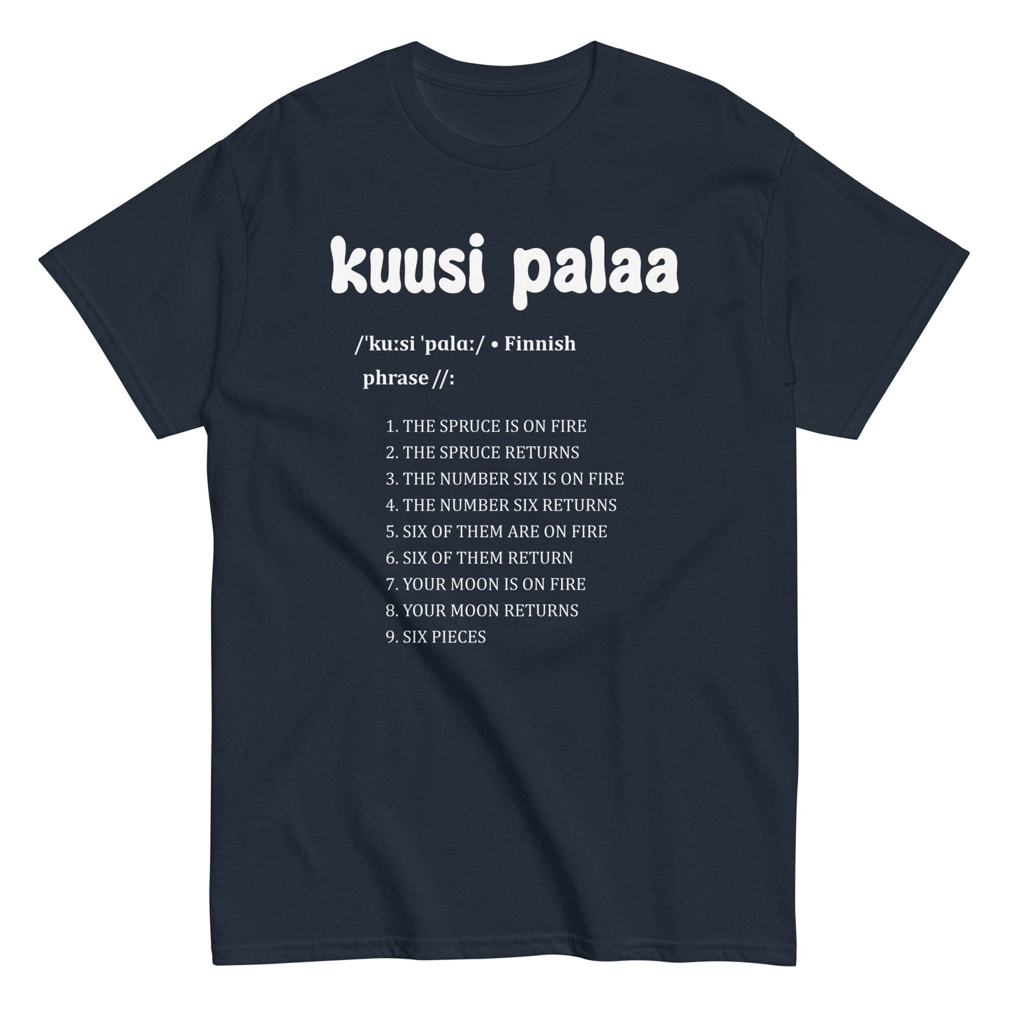 Tumman sininen t-paita, jossa teksti 'kuusi palaa' ja hauska kuvausnumeroita