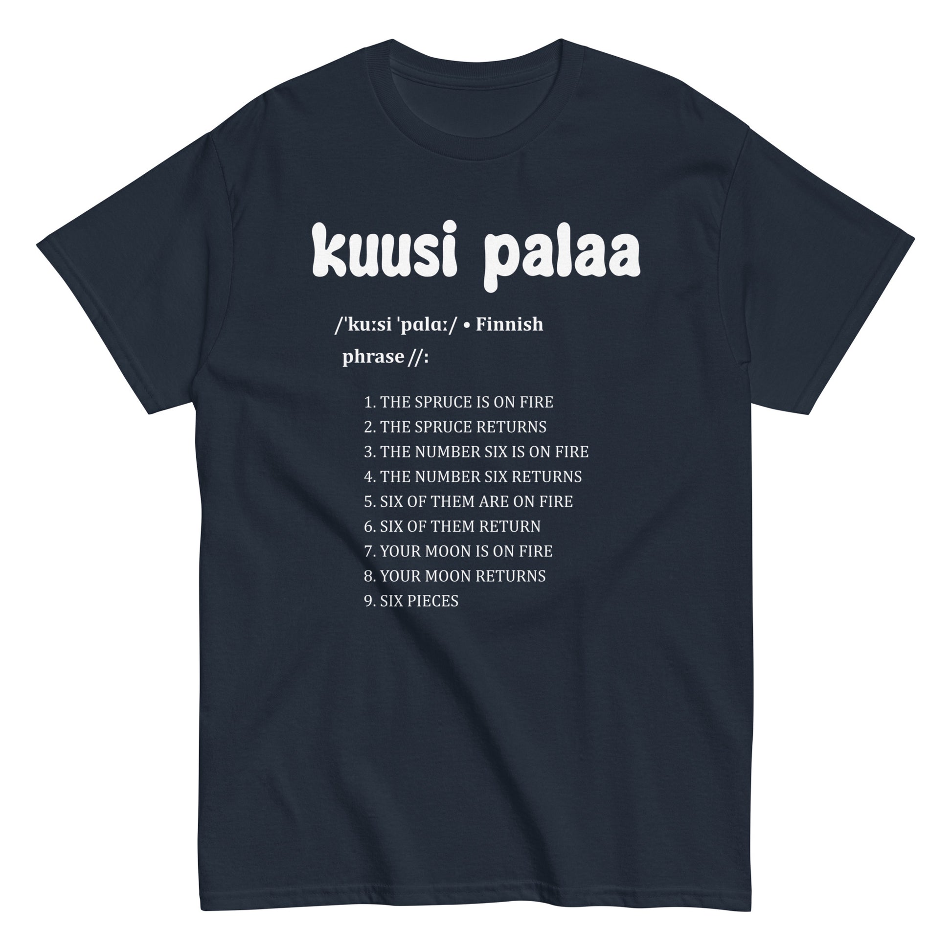 Tumman sininen t-paita, jossa teksti 'kuusi palaa' ja hauska kuvausnumeroita