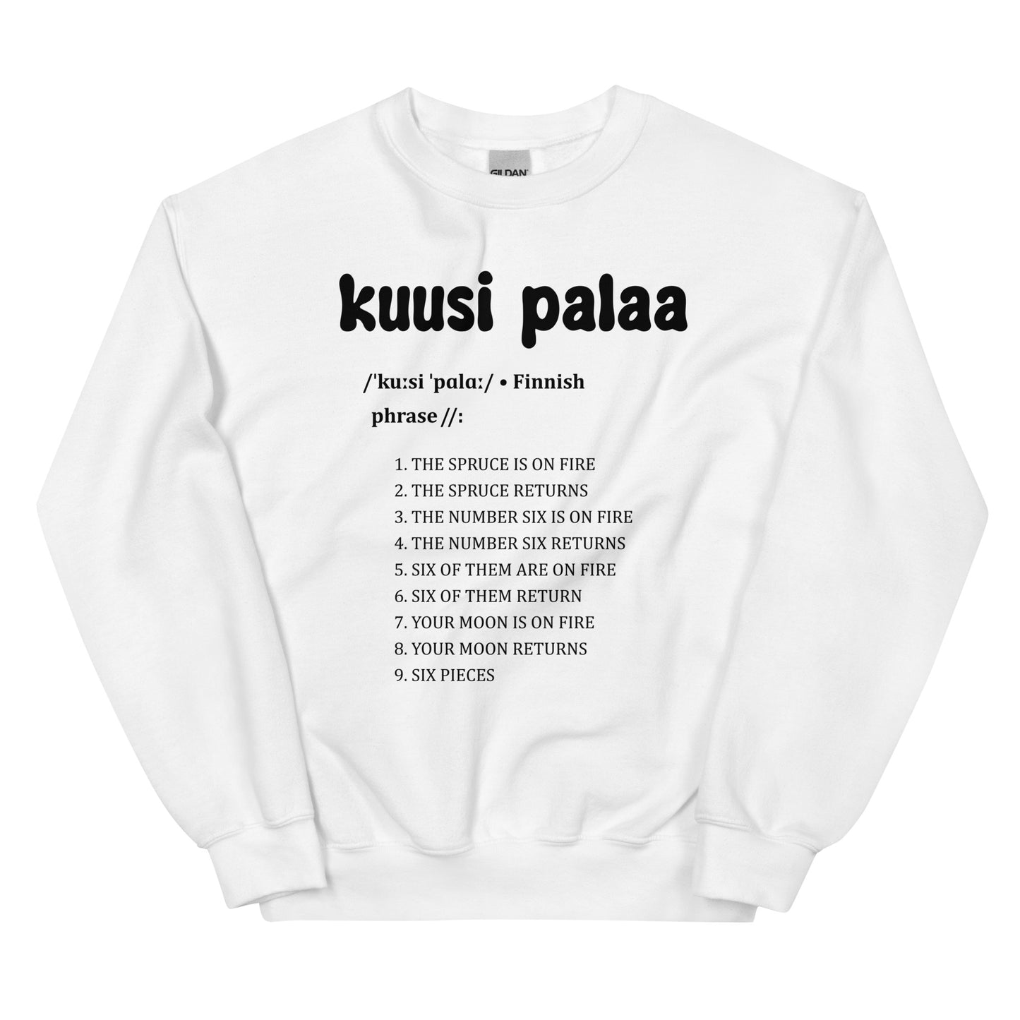 Meemirotta Kuusi palaa collegepaita, jossa hauska teksti ja luettelo erilaisista fraaseista
