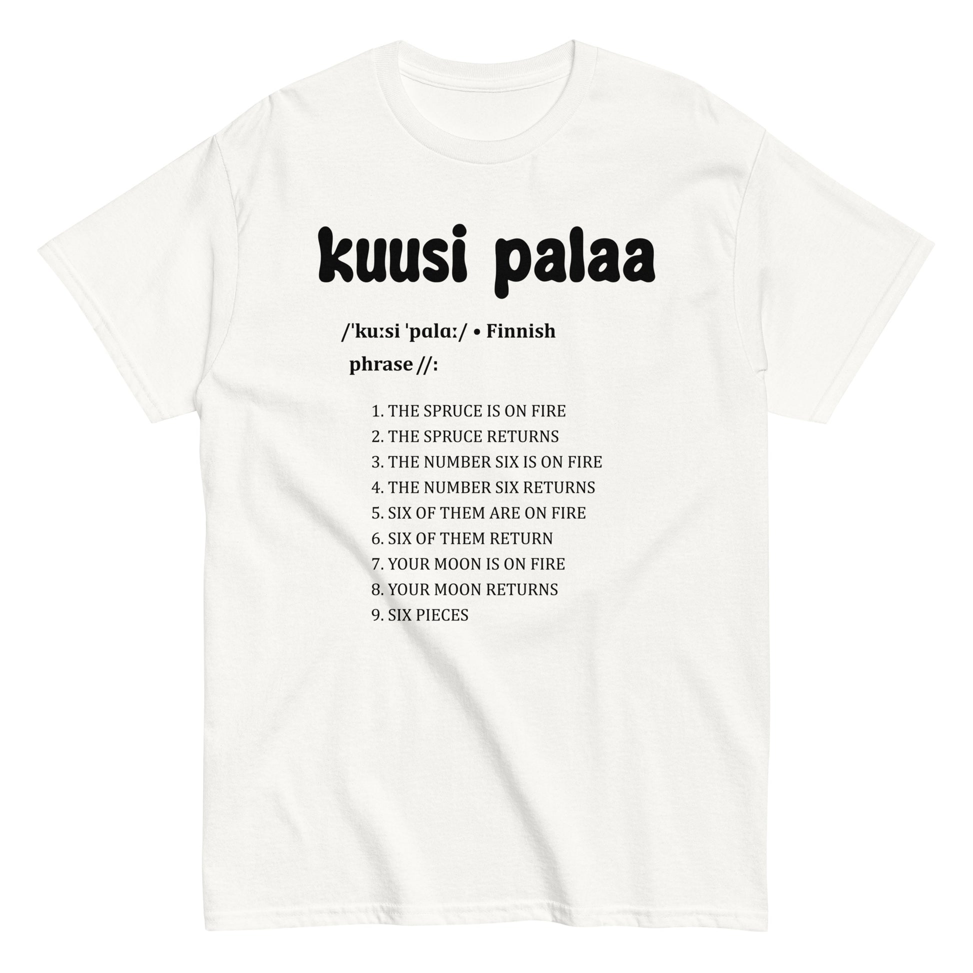 Valkoinen T-paita kuusi palaa -tekstillä, jossa suomalaisia fraaseja ja numeroita
