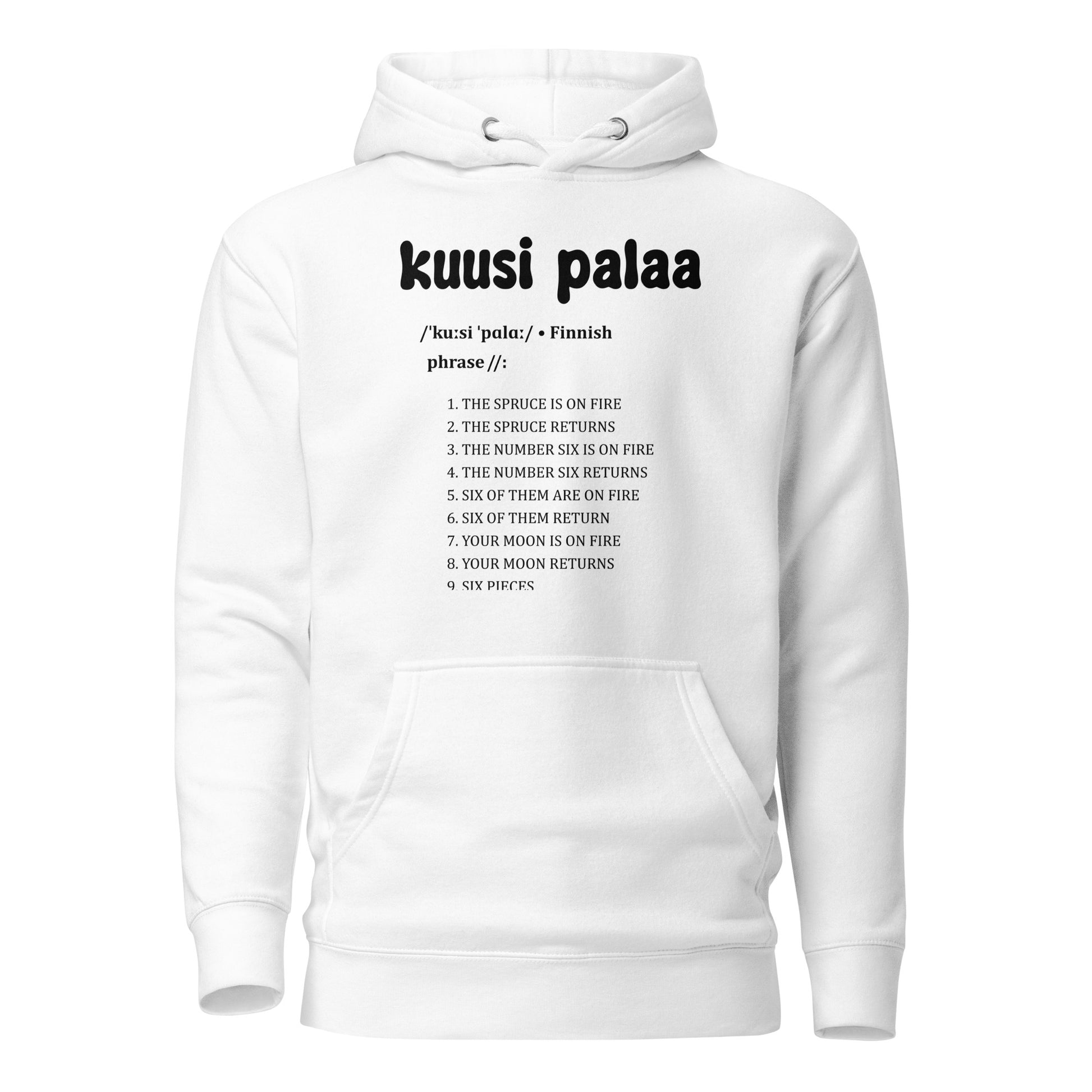 Valkoinen huppari, jossa teksti 'Kuusi palaa' ja luettelo fraaseista selkeästi näkyvillä
