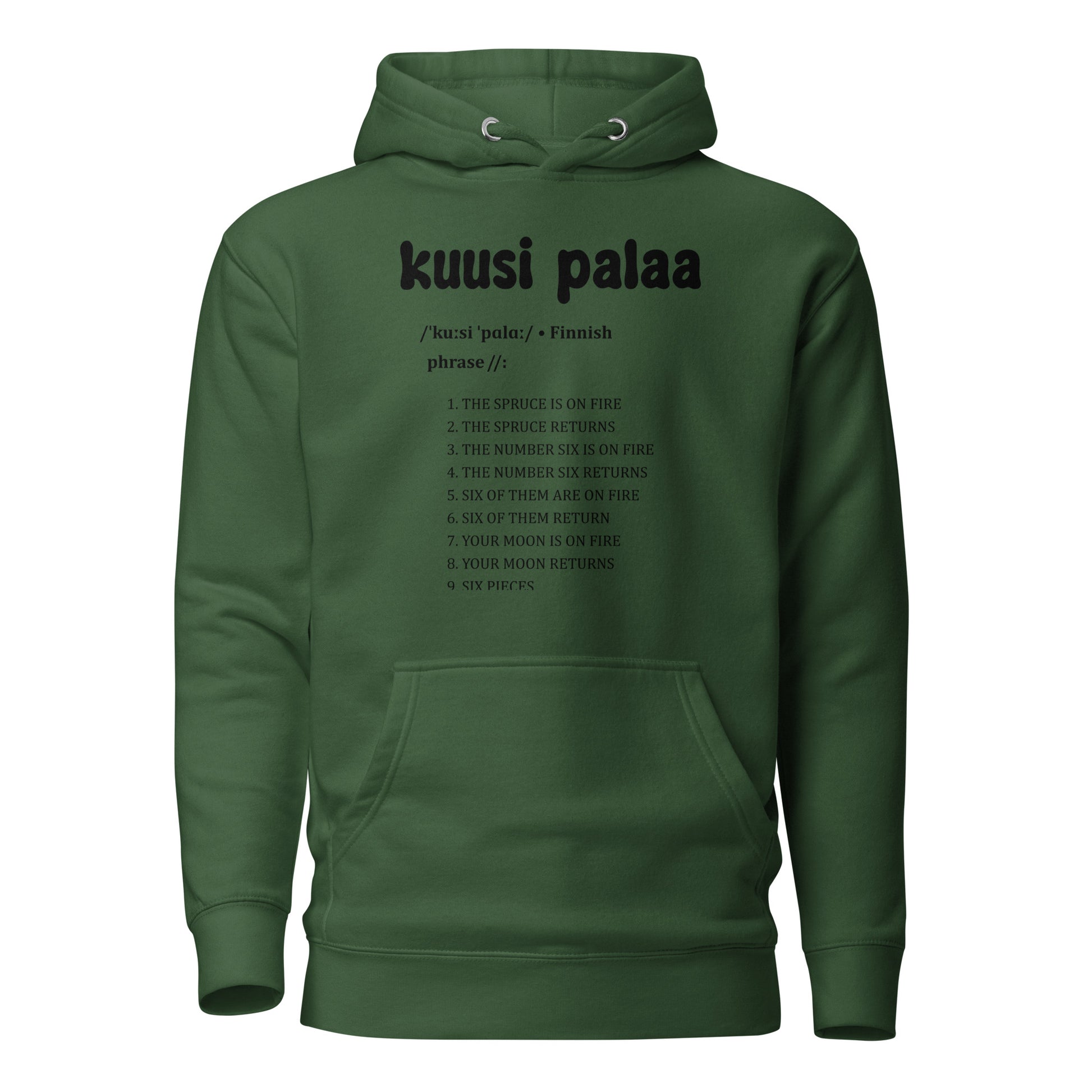 Vihreä huppari kuusi palaa -tekstillä ja keksintöjä suomeksi mukavuuden takaamiseksi