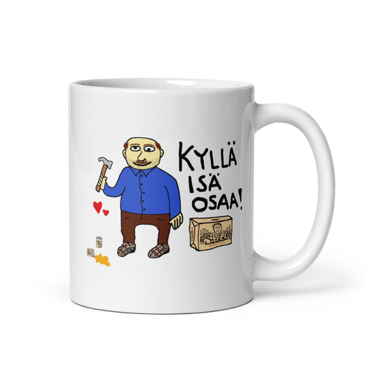 Kyllä isä osaa muki, jossa hauska kuva isästä työkalun kanssa, sopii lahjaksi isille.