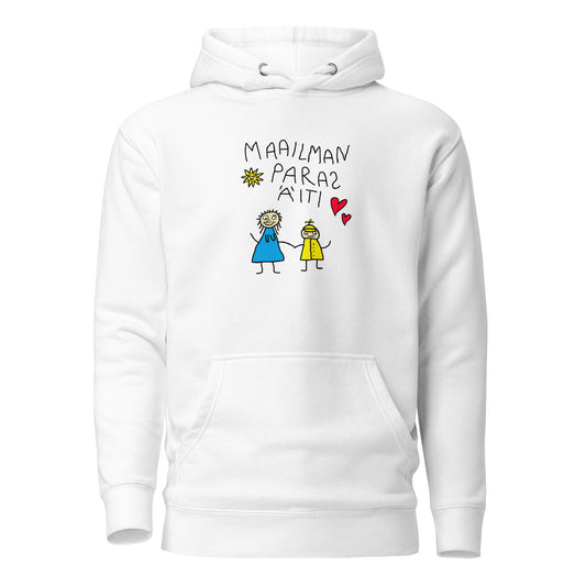 Valkoinen huppari, jossa on kuva ja teksti maailman paras äiti, sopii äideille ja lahjaksi.