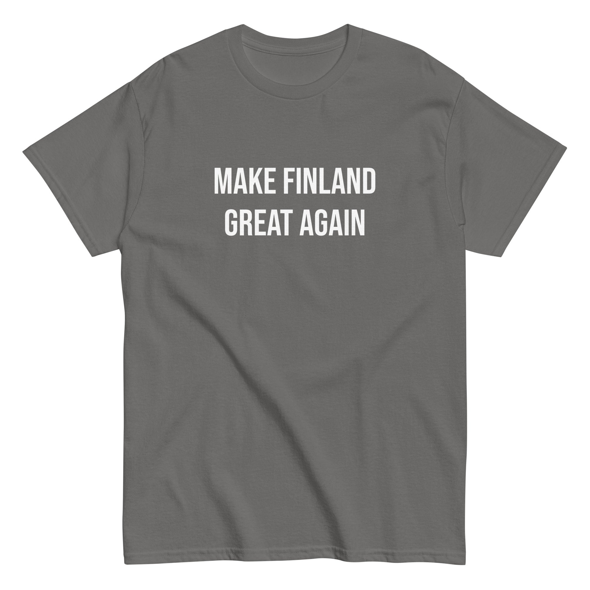 Harmaa t-paita, jossa teksti MAKE FINLAND GREAT AGAIN, mukava ja tyylikäs valinta arkeen
