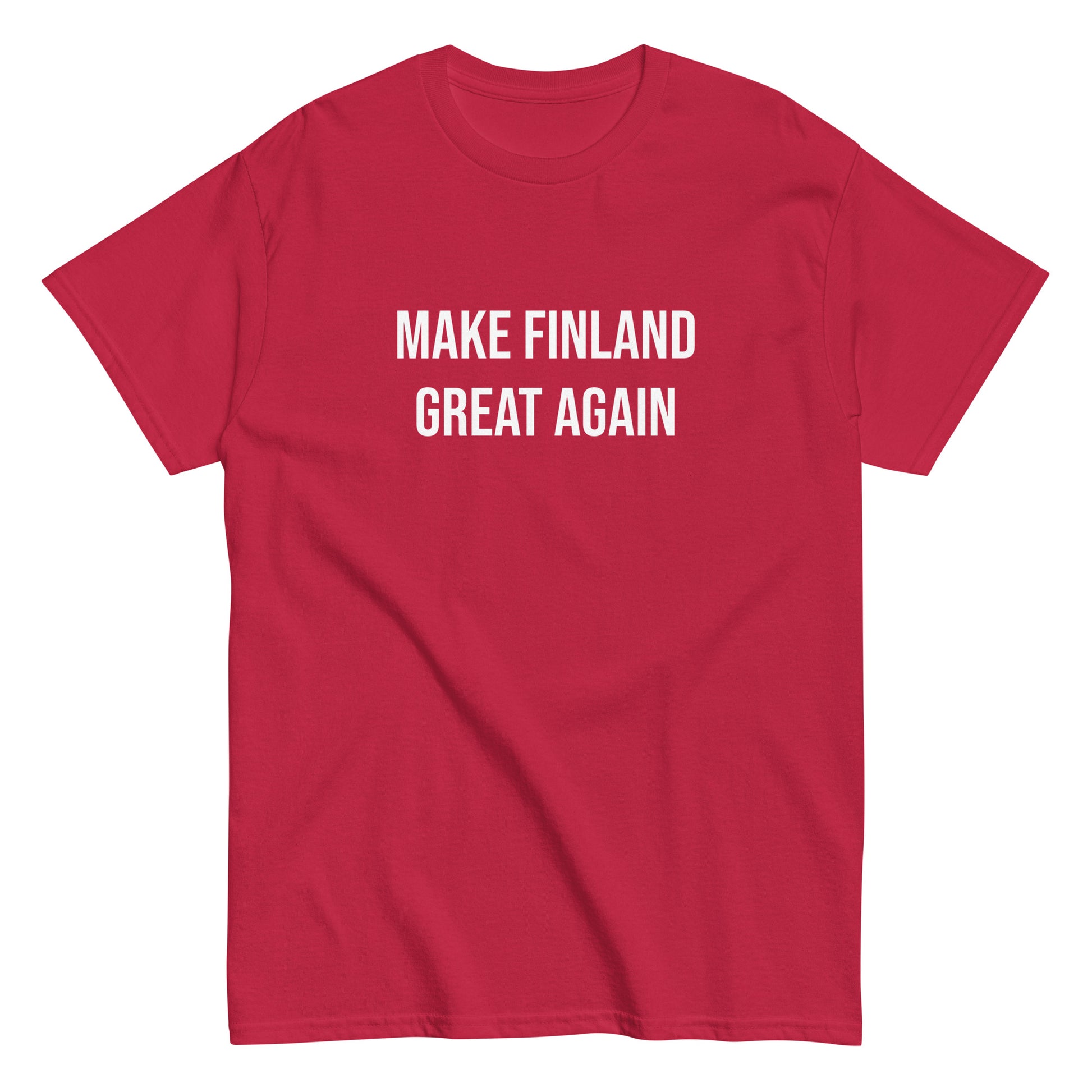 Punainen Make Finland Great Again t-paita, jossa valkoinen teksti edessä