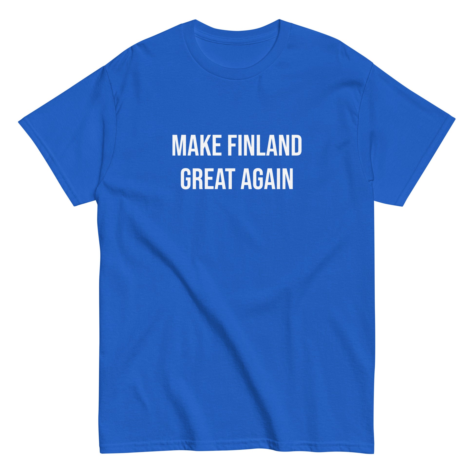 Sininen Make Finland Great Again t-paita, jossa valkoinen teksti edessä