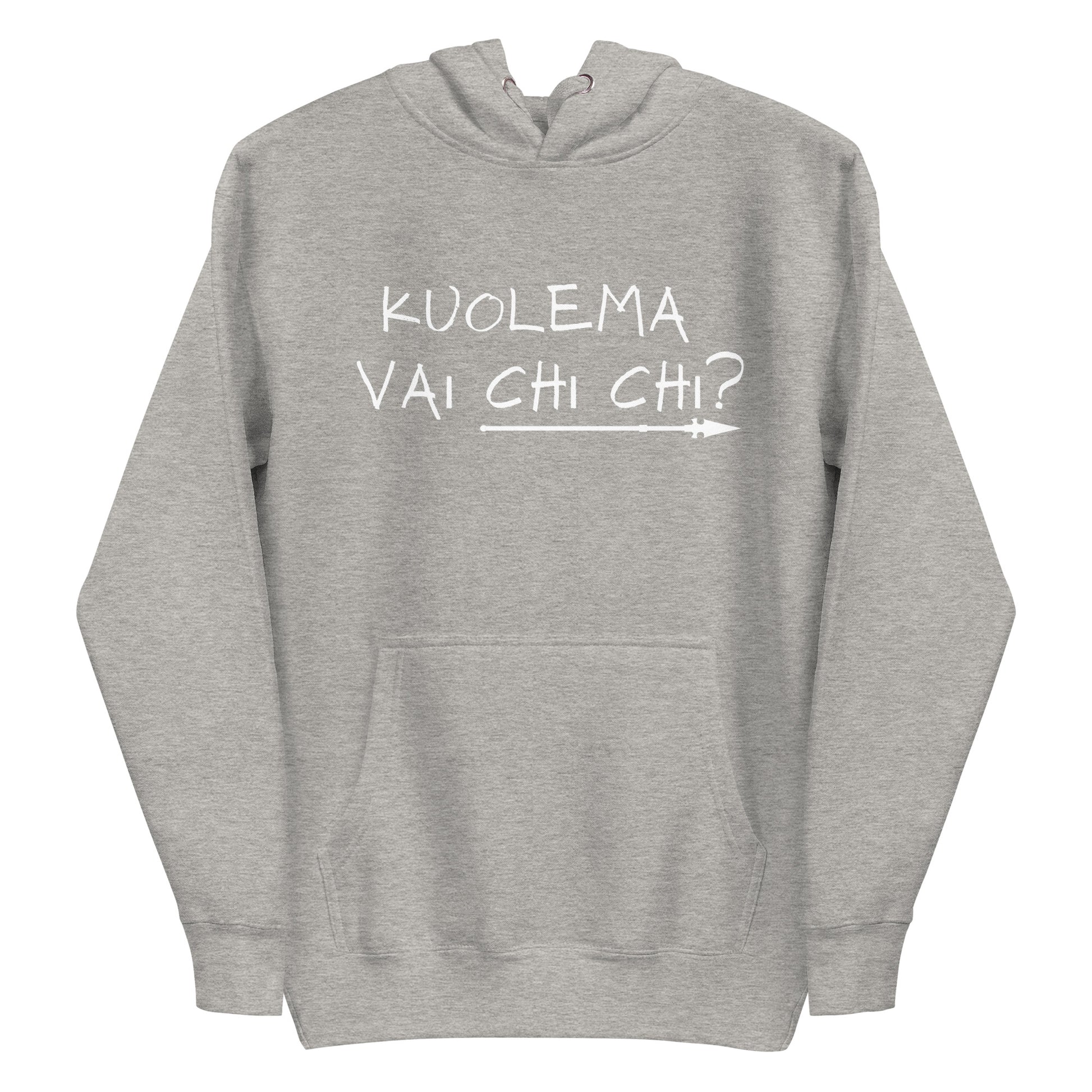 Harmaa meemi huppari, jossa on teksti 'Kuolema vai chi chi?' edessä